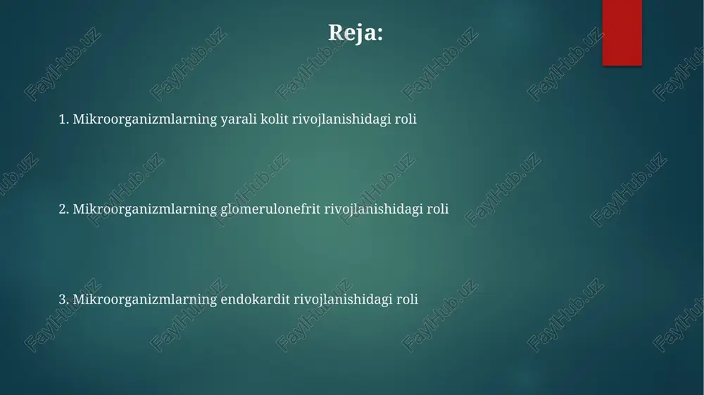 arni aniqlash va ularga qarshi samarali antibiotiklarni ishlab chiqarish uchun in silico modelling va mashinani o'rgatish usullaridan foydalanish orqali dori vositalarini aniqlash samaradorligini 20% ga oshirish mumkin. glomerulonefritning patogenezi glomerulonefritning rivojlanishida 10 dan ortiq turdagi bakteriyalar, jumladan, streptococcus pyogenes kabi streptokokklarning roli muhim bo'lib, ularning toksinlari glomerulalarga zarar yetkazishi mumkin. post-streptokokkli glomerulonefrit, taxminan 2-3 hafta davomida streptokokkli infeksiyonlardan keyin yuzaga keladi va immun komplekslarning glomerulalarda to'planishi bilan tavsiflanadi. iga nefropatiyasi, glomerulonefritning keng tarqalgan shakli bo'lib, iga antikorlari glomerulalarda birikib, yallig'lanish jarayonini qo'zg'atadi va bu esa taxminan 30% hollarda buyrak yetishmovchiligiga olib kelishi mumkin. bakterial endokardit prostetik yurak klapanlari bilan og'rigan bemorlarda endokardit rivojlanish xavfi 100 barobar yuqori, bu esa profilaktik antibakterial terapiyaning muhimligini ta'kidlaydi. endokarditning o'tkir shakllarida qon oqimida bakteriyalar sonining ko'payishi (bakteriemiya) va yurak klapanlarining shikastlanishi tez rivojlanadigan yallig'lanish jarayonini keltirib chiqaradi. bakterial endokarditning rivojlanishida staphylococcus aureus bakteriyalari 25% dan ortiq holatlarda asosiy etiologik omil hisoblanadi va yuqori o'lim …