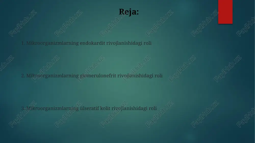 li endokarditning eng ko‘p uchraydigan patogenidir. ichak yallig'lanishining patogenezi ichak yallig'lanish kasalliklarining, jumladan, ülseratif kolitning patogenezida genetik omillar muhim hisoblanadi, nod2 genidagi mutatsiyalar xavfni 2-3 baravar oshiradi. ichak yallig'lanishining rivojlanishida 100 dan ortiq turdagi bakteriyalar, jumladan, escherichia coli, salmonella va shigella kabi patogenlar muhim rol o'ynaydi. virusli glomerulonefrit glomerulonefritning virusli shaklida buyrak biopsiyasi iga, igg va igm immunoglobulini yig'ilishini va mononuklear hujayralar infiltratsiyasini ko'rsatishi mumkin. virusli glomerulonefritning og'irligi turlicha bo'lib, gematuriya, proteinuriya va arterial bosimning oshishi kabi belgilar bilan namoyon bo'lishi mumkin, bu esa buyrak yetishmovchiligiga olib kelishi mumkin. yara koliti rivojlanishida mikroorganizmlarning roli yara koliti rivojlanishida bakteriyalar, masalan, escherichia coli, salmonella va shigella turlari, shuningdek, viruslar va zamburugʻlar ham muhim ahamiyat kasb etadi, ularning patogenligi turli omillarga bogʻliq. ba'zi tadqiqotlar yalligʻlanishli ichak kasalliklarida, jumladan, yara kolitida, ichak mikrobiotasidagi disbioz, ya'ni foydali va zararli bakteriyalar nisbatining buzilishi, kasallikning rivojlanishiga sezilarli ta'sir ko'rsatishini ko'rsatadi. ichak mikrobiotasining o'zgarishi ichak disbiozi, ya'ni mikrobiota …