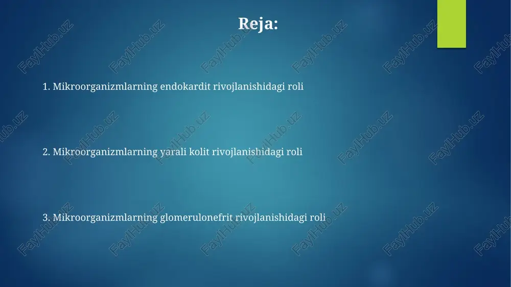 klinik ko‘rinishi o‘tkir yoki asta-sekin rivojlanishi mumkin, 38-40°s gacha isitma, taxikardiya (daqiqada 100 zarbadan ortiq) va teri osti qon ketishlari bilan namoyon bo‘ladi. bemorlarda taxminan 60-70% hollarda yurak shovqinlari aniqlanadi, ularning xarakteri va intensivligi yallig‘lanish jarayonining tarqalishiga bog‘liq. endokarditning sabablari va mexanizmlari infektsion endokarditning rivojlanishida bakteriyalar biofilmlar hosil qiladi, bu esa ularni antibiotiklarga nisbatan chidamli qiladi va davolashni murakkablashtiradi, 70% hollarda jarrohlik amaliyoti talab etiladi. streptococcus viridans kabi bakteriyalar og'iz bo'shlig'idan qonga tushishi va oldindan mavjud bo'lgan yurak nuqsonlari orqali endokarditni keltirib chiqarishi mumkin, bu jarayon infektiv endokardit deb ataladi. ulserativ kolitda mikroorganizmlar kasallikning og'irlashuvi ba'zi patogen bakteriyalarning, masalan, salmonella yoki shigella ning, ichak shilliq qavatiga qo'shimcha infektsiyasi bilan bog'liq bo'lishi mumkin. yiringli yallig'lanish jarayonida 10 dan ortiq turdagi bakteriyalar, jumladan, escherichia coli, bacteroides fragilis va clostridium difficile kabi anaerob bakteriyalar aniqlangan. virusli endokardit virusli endokarditga ko'pincha staphylococcus aureus kabi bakteriyalar sabab bo'lsa-da, ayrim viruslar, masalan, epstein-barr virusi yoki coxsackie …