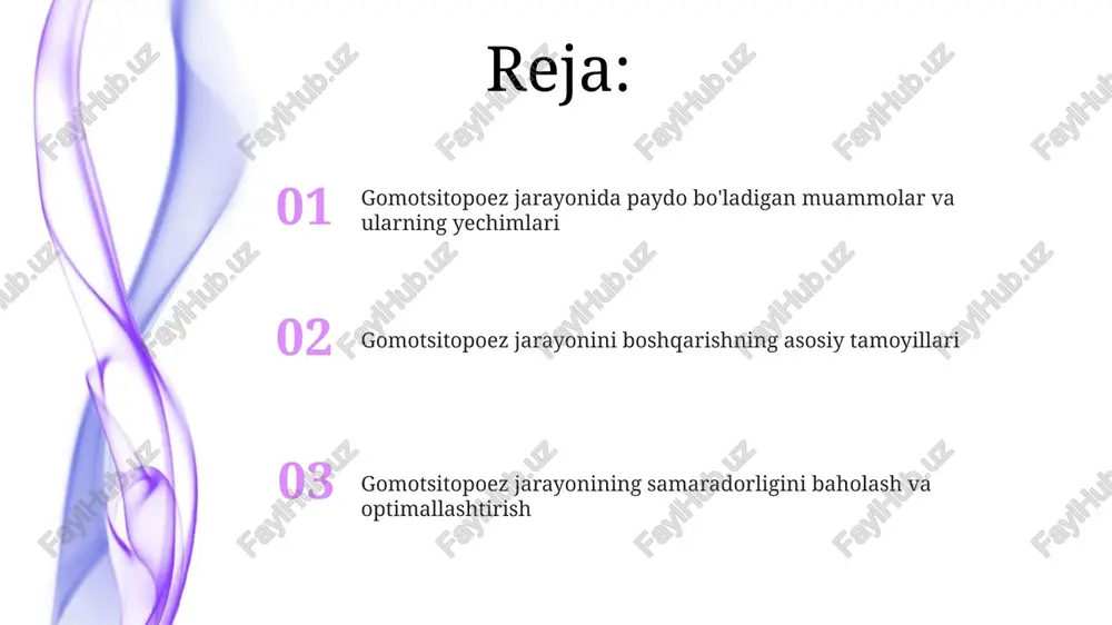 iyasi va proliferatsiyasi muhim rol o'ynaydi, ularning nisbati 1:2:1 ga yaqin. davolash usullari gomotsitopoez buzilishiga olib kelgan sabablarni aniqlash va ularni bartaraf etish uchun diagnostika tadqiqotlari (masalan, sito genetik tahlillar, 10-20 turdagi tekshiruvlar) muhim ahamiyatga ega. davolashning muvaffaqiyat darajasi, taxminan 70-80% ga yetishi mumkin, ammo bu ko‘rsatkich kasallikning bosqichi va bemorning immun tizimi holatiga bog'liq holda o'zgaradi. genetik terapiya genetik terapiyaning samaradorligi kasallikning og'irligiga va bemorning yoshiga bog'liq bo'lib, ba'zi hollarda 70% dan yuqori muvaffaqiyat ko'rsatkichiga ega. genlarni o'zgartirish usullaridan biri - virusli vektorlar yordamida, taxminan 90% ga yaqin genlarni hujayralarga yetkazish imkonini beradi. transplantatsiya jarayoni muvaffaqiyatli transplantatsiya natijasida bemorning organizmida 50% dan ortiq donor hujayralari o'rnashishi kerak, aks holda transplantatsiya rad etilishi mumkin. transplantatsiya oldidan bemorga immunosupressantlar yuboriladi, bu esa transplantatsiya reaktsiyasining oldini olishda 85-90% samaradorlikni ta'minlaydi. hujayralarni ko'payishi va differentsiatsiyasi gomotsitopoez jarayonida qon hujayralarining 3 ta asosiy liniyasi – eritrotsitlar, leykotsitlar va trombotsitlarning ko'payishi va differentsiatsiyasi 10 kun …