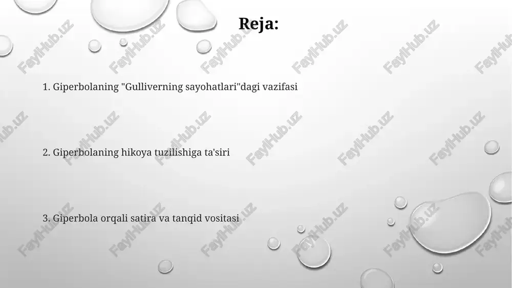hirganligi kuzatiladi. giperbolaning umumiy ta'siri va xulosa giperbolaning keng qo'llanilishi, muallifning ironiya va hazil orqali o'z davri siyosiy tizimiga nisbatan 5-6 ta muhim kamchiliklarini fosh etish strategiyasini aks ettiradi. "gulliverning sayohatlari"da giperbola, voqealarni 2-3 baravar kattalashtirib, satira elementini kuchaytirish orqali o'quvchini hayratda qoldiradi va muallifning fikrlarini ta'kidlaydi. kitobdagi 100 dan ortiq giperbolik tasvirlar, reallik bilan xayolning keskin farqini namoyish etib, ijtimoiy-siyosiy tanqidning asosiy vositasi bo'lib xizmat qiladi. lilliput va brobdingnagdagi giperbola ikki mamlakatdagi siyosiy tizimlar va urf-odatlarning giperbolik tasviri swiftning ijtimoiy va siyosiy tanqidini kuchaytirib, absurdlikni namoyish etadi. lilliputdagi odamlarning 6 dyuymli boʻyi va ulkan imperiya haqidagi tasvirlar giperbolaning yorqin misoli boʻlib, satira maqsadida ulkan farqni ta'kidlaydi. brobdingnaglik gigantlarining 60 fut balandligi va ulkan mebellar, uy-joylar kabi tafsilotlar qiyosiy giperbola orqali odamlarning kichikligi va zaifligini ta'kidlaydi. giperbolaning asosiy funksiyalari asar voqealarining kulgili va satirik ohangini yaratishda giperbola muhim vosita bo'lib xizmat qiladi, 5tadan ortiq voqealarni mubolag'a qilish orqali o'quvchini hayratga …