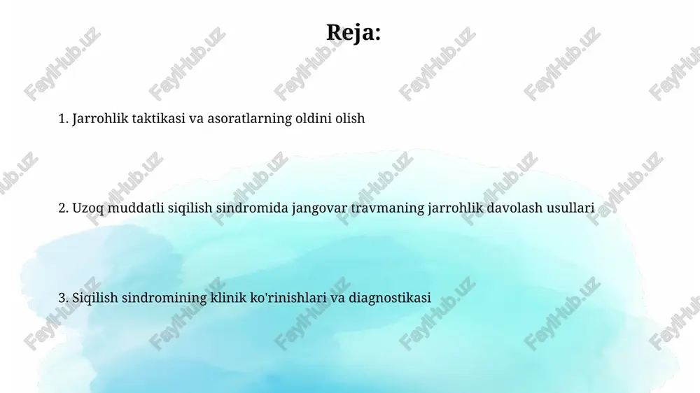 imalarning 15-20% da kuzatilib, antibiotik profilaktikasi va jarrohlik davolashni talab qiladi. diagnostika usullari va differentsial diagnostika kuzatuvdagi asosiy belgilar, ya'ni og'riq, paresteziya, motor funktsiyasining buzilishi va pulsning yo'qolishi bilan birga, kompressiya vaqti (soatlarda) va bosim kuchi (mm sim.ut.) haqida batafsil anamnez yig'ish muhimdir. differentsial diagnostikada travmatik shoklarga, suyak sinishlariga, aorta dissektsiyasiga, shuningdek, boshqa periferik nerv shikastlanishlariga e'tibor qaratish lozim. davolash natijalari va prognozi davolashning muvaffaqiyat darajasi, kompressiya vaqtiga va shikastlanish darajasiga bog'liq bo'lib, 70% holatlarda yaxshi natijalar kuzatiladi, ammo 30% da funktsional nuqsonlar qoladi. erta jarrohlik aralashuvi (24 soat ichida) o'lim xavfini 15% ga kamaytiradi va a'zolarni saqlab qolish imkoniyatini 20% ga oshiradi. yumshoq to'qimalarni rezektsiya qilish rezektsiya paytida qon ketishni nazorat qilish uchun elektrokoagulyatsiya yoki ligatura kabi turli xil usullar qo'llaniladi, bu esa bemorning umumiy holatini yaxshilashga yordam beradi. yumshoq to'qimalarni rezektsiya qilish jarayonida 3 dan 5 sm gacha bo'lgan maydonlarda nekrozga uchragan to'qimalarni to'liq olib tashlash kerak, bu …