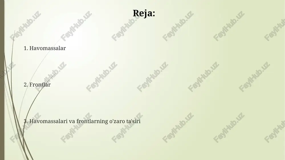 n chegaralar hosil qiladi, bu yerda issiq va sovuq havo massalari o'rtasida keskin farqlar kuzatiladi, bu esa ob-havo o'zgarishini keltirib chiqaradi. issiq frontlar issiq frontlar oʻtish davrida havo harorati 10°c dan 20°c gacha oshishi mumkin, bu esa atmosfera bosimining pasayishi va namlikning koʻpayishi bilan birga keladi. issiq frontlarning harakat tezligi sovuq frontlarga qaraganda ancha sekinroq boʻlib, taxminan 20-30 km/soat atrofida oʻzgaradi. bu esa bulutli ob-havoning uzoqroq davom etishini keltirib chiqaradi. issiq frontlarning oʻtishidan keyin havo massasining nisbiy namligi 70% dan yuqori boʻlishi va yomgʻir, qor yoki tuman kabi yogʻinlar kuzatilishi mumkin. ob-havo frontlari ta'siri issiq frontlarning sekin harakati tufayli bulutlilik asta-sekin ko'payib, uzoq muddatli (12-36 soat) yog'ingarchiliklar, asosan yomg'ir yoki qor yog'ishi mumkin. ob-havo frontlari o'tish davrida 24 soat ichida havo harorati 10-15°c ga o'zgarib, kuchli shamol va yog'ingarchiliklar kuzatilishi mumkin. sovuq frontlarning o'tishi bilan atmosfera bosimi keskin pasayib, keyin tez ko'tariladi, bu esa 100 km/soat tezlikdagi kuchli shamollarga olib …