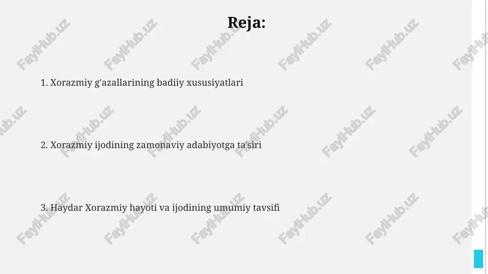 10 dan ortiq gʻazal va ruboiylarda 2-3 misra bilan ifodalangan boʻlib, ularda yurtning tabiiy goʻzalligi, xalqning qahramonligi aks etadi. shoir vatanni nafaqat geografik joy sifatida, balki milliy ong, madaniy meros va tarixiy xotira bilan bogʻliq holda, taxminan 20 ta asarida ramziy maʼnoda tasvirlagan. muhabbat lirikasi xorazmiy ijodida shoirning muhabbat lirikasida "ishq", "visol", "hijron" kabi asosiy terminlar orqali his-tuygʻularning chuqurligi va murakkabligi ifodalanadi, ayniqsa, "xalvat" motivining tez-tez qoʻllanishi diqqatga sazovor. xorazmiy gʻazallarida 100 dan ortiq muhabbat mavzuidagi asarlar uchrab, ularda ijodiy uslubning oʻziga xos xususiyatlari, jumladan, tasvirlilik va majozlarning boyligi yaqqol namoyon boʻladi. xorazmiy muhabbat lirikasida anʼanaviy sheʼriy anʼanalar bilan birga, oʻziga xos ijodiy yondashuv kuzatiladi, masalan, 3-4 baytli qisqa gʻazallar bilan bir qatorda keng hajmdagi maqolalar ham mavjud. xorazmiy ijodini oʻrganishning dolzarbligi xorazmiy ijodining tilshunoslik, adabiyotshunoslik va tarixshunoslik sohalariga qoʻshgan hissasi 100 dan ortiq asarlari orqali oʻrganilishi dolzarbdir, chunki bu boy meros milliy madaniyatimizni chuqur tushunishga yordam beradi. xorazmiy ijodining …