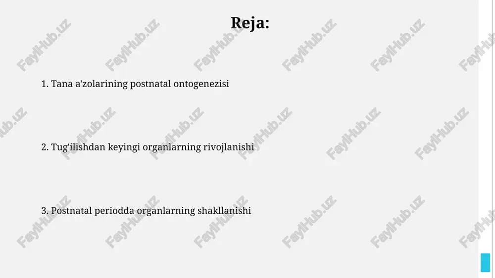 ining postnatal rivojlanishi tug'ilishdan keyingi birinchi 6 oyda chaqaloqning immuniteti asosan onadan olingan passiv immunitetga tayanadi, bu davrda igg darajasi asta-sekin pasayadi va bola o'zining aktiv immunitetini rivojlantiradi. bolalarda 2-3 yoshgacha yuqumli kasalliklarga moyillik yuqori bo'ladi, chunki ularning adaptiv immun tizimi hali to'liq shakllanmagan va antitel hosil qilish qobiliyati cheklangan. nerv tizimining postnatal rivojlanishi postnatal davrda miyelinlash jarayoni davom etib, 20 yoshga kelib to'liq yakunlanadi, bu esa nerv impulslari o'tkazuvchanligini sezilarli darajada oshiradi. bolalik davrida serebellumning rivojlanishi muvozanatni saqlash, harakatlarni muvofiqlashtirish va nozik motor ko'nikmalarini rivojlantirishda muhim rol o'ynaydi, bu jarayon taxminan 10 yoshga kelib tugaydi. endokrin tizimning postnatal rivojlanishi tug‘ilishdan keyin birinchi 6 oyda qalqonsimon bezning t3 va t4 gormonlari ishlab chiqarishining keskin oshishi kuzatiladi, bu miya va nerv sistemasining tez rivojlanishiga hissa qo‘shadi. buyrak usti bezlari hayotning birinchi yilida kortizol va aldosteron sintezi sezilarli darajada oshadi, bu stressga javob berish va suv-tuz muvozanatini tartibga solish uchun muhimdir. o'pka …