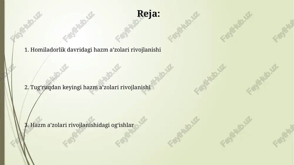 ngichka ichakning shakllanishi, embrion rivojlanishining 8-12-haftalarida sodir bo’ladi. emizikli davrda ovqat hazm qilish emizikli davrda chaqaloqning oshqozon-ichak trakti hali yetarlicha rivojlanmagan boʻlib, kuniga 2-3 martadan koʻp ovqatlanish, shuningdek, katta hajmda ovqat isteʼmol qilish hazm qilish tizimiga ortiqcha yuk keltiradi. 6 oylikdan keyin chaqaloqlarning hazm qilish tizimi mustahkamlanib boradi, ammo allergiya xavfi saqlanib qoladi. shuning uchun, yangi mahsulotlarni asta-sekin, kichik dozalarda kiritish muhim. ovqat hazm qilish bilan bog'liq tug'ma nuqsonlar o't yo'lining atreziyasi, yangi tug'ilgan chaqaloqlarning taxminan 1 dan 18000 gacha bo'lgan qismida uchraydigan jiddiy tug'ma nuqson bo'lib, o't pufagining to'liq yoki qisman tiqilib qolishiga olib keladi. anorektal anomaliyalar, to'g'ri ichak va anusning normal rivojlanmasligi bilan bog'liq bo'lib, taxminan 5000 ta tug'ilishning 1 tasida uchraydi va najasni chiqarish bilan bog'liq muammolarni keltirib chiqaradi. go'daklik davrida ovqat hazm qilish homiladorlikning 1-trimestrining oxiriga kelib, me’da-ichak trakti funksiyalari rivojlana boshlaydi, bu davrda ona qabul qilgan ozuqa moddalari homilaga o'tishni boshlaydi. tug’ruqdan keyingi davrda, ayniqsa …