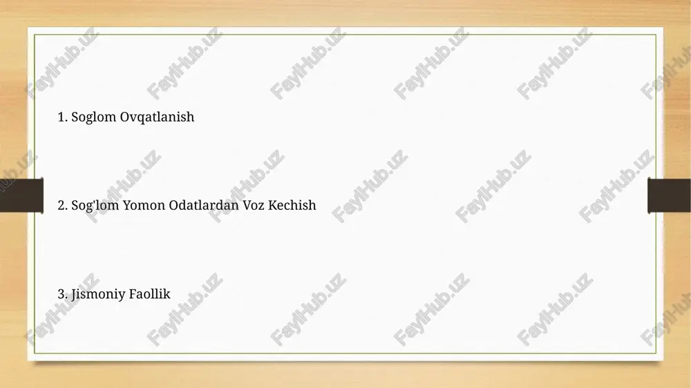 ish, qon bosimini va yurak urish tezligini pasaytirib, kortizol gormonining darajasini kamaytiradi. haftada kamida 2 marta 20-30 daqiqa meditatsiya yoki mindfulness mashqlari qilish, diqqatni jamlash qobiliyatini yaxshilab, xavotir va stressni kamaytiradi. jismoniy faollik jismoniy faollik depressiya va xavotirlilik alomatlarini kamaytiradi, psixologik farovonlikni yaxshilaydi va kognitiv funksiyalarni, shu jumladan xotirani kuchaytiradi. jismoniy faollik yurak-qon tomir kasalliklari xavfini 30% ga kamaytirishi va umr ko'rish davomiyligini 5-7 yilga uzaytirishi ilmiy jihatdan isbotlangan. sogʻlom ovqatlanish oqsilga boy mahsulotlar, masalan, loviya, yong'oq va tovuq go'shti, kunlik ratsioningizning 20-30% ini tashkil etishi kerak, bu mushaklarning o'sishi va ta'mirlash uchun muhimdir. sog'lom ovqatlanish kuniga kamida 5 turdagi meva va sabzavot iste'mol qilishni, shuningdek, kunlik kaloriyangizning 40-50% ini murakkab uglevodlardan olishni o'z ichiga oladi. vitaminlar va minerallar temir, gemoglobin hosil bo'lishida ishtirok etadi va uning yetishmasligi anemiya, zaiflik va charchoqqa olib kelishi mumkin, kunlik ehtiyoj 18mg gacha. vitamin d, suyaklarning sog'lomligi uchun muhim bo'lib, quyosh nuri ta'sirida terida …