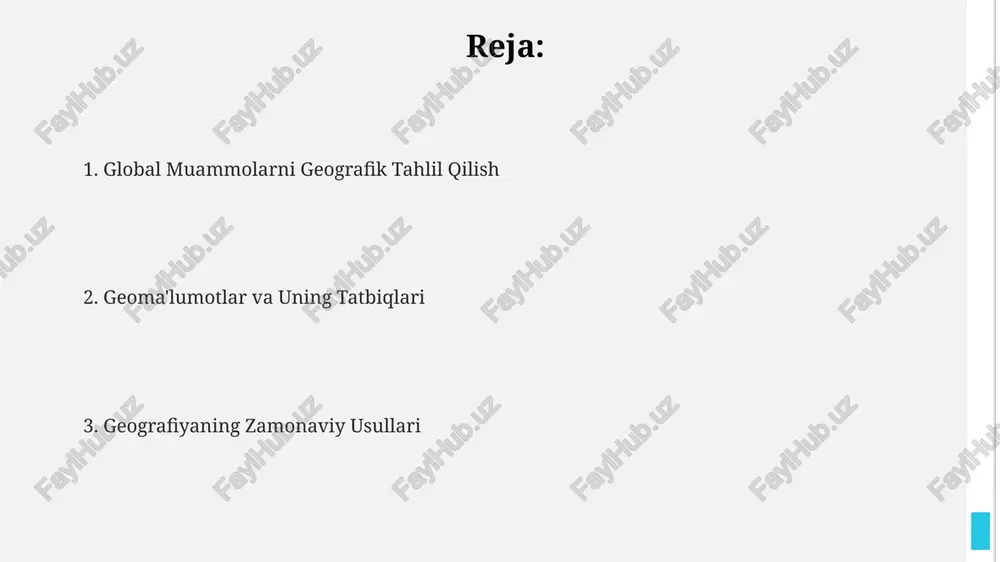 si tadqiqotlari shuni ko'rsatdiki, 2050-yilga kelib dunyo aholisining 70% dan ortig'i mega-shaharlarda yashashi kutilmoqda, bu esa infratuzilma va resurslarga bo'lgan talabni keskin oshiradi. sanoat geografiyasi va globalizatsiya jahon savdosining 2000-yillardan keyingi tez sur'atda o'sishi sanoat geografiyasida global ta'minot zanjirlarining shakllanishiga va 60% dan ortiq mamlakatlarning ishlab chiqarishda ishtirok etishiga olib keldi. texnologik innovatsiyalarning jadal rivojlanishi va raqamli texnologiyalarning keng tarqalishi, sanoat geografiyasida 15% gacha ishlab chiqarish samaradorligining oshishiga va yangi ishlab chiqarish markazlarining vujudga kelishiga turtki bo'ldi. transmilliy korporatsiyalarning (tmk) 70% dan ortig'i o'z faoliyatlarini global miqyosda tashkil etib, sanoat klasterlarining paydo bo'lishi va mintaqalararo mutaxassislar almashinuvini kuchaytirdi. aholi geografik dinamikasi aholi geografik dinamikasini o'rganishda, 2020-yilgi ma'lumotlarga ko'ra, o'zbekiston aholisining 50% dan ortig'i shaharlarda istiqomat qilishi demografik o'zgarishlarni aks ettiradi va urbanizatsiya jarayonining tezlashuvini ko'rsatadi. migratsiya oqimlarini tahlil qilishda, ichki migratsiya 10% ga oshganligi, qishloq joylardan shaharlarga ko'chish kuchayganligini va bu ijtimoiy-iqtisodiy farqlarni keltirib chiqarishini ko'rsatadi. demografik piramida tahlili shuni …