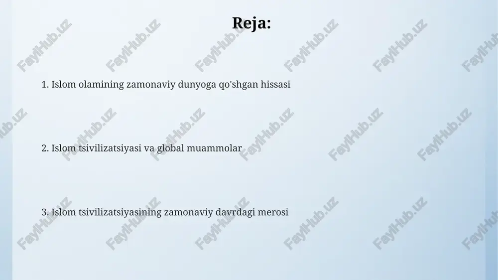 milliarddan ortiq tarafdorlari global miqyosda katta ta'sirga ega bo'lib, iqtisodiyot, siyosat va madaniyatga sezilarli hissa qo'shadi. islom madaniyatining jahon madaniyatiga ta'siri islom huquqiy tizimi, fiqh va shariat qoidalari, 1,5 milliarddan ortiq musulmonlarning hayotiga ta'sir ko'rsatib, global huquqiy tizimlarga sezilarli ta'sir ko'rsatdi. islom madaniyati, 7-13-asrlar davomida, matematikada algebra, astronomiyada astrolyabiya kabi muhim ilmiy va texnologik yutuqlarga global miqyosda sezilarli hissa qo'shgan. islom olamidagi klassik adabiyot, falsafa va she'riyatning boy merosi zamonaviy adabiyot, fikrlash va san'atga chuqur ta'sir ko'rsatdi, minglab asarlar tarjima qilindi va o'rganildi. islom siyosati va xalqaro munosabatlar terrorizm va ekstremizm kabi global muammolarga qarshi kurashda islom siyosatining o'rni muhim, 100 dan ortiq mamlakat terrorizm bilan kurashda hamkorlik qilmoqda. islom siyosati "shariat" tamoyillariga asoslangan bo'lib, ko'plab davlatlarning ichki va tashqi siyosatiga, xususan inson huquqlari va xalqaro huquqqa ta'sirini o'tkazadi. islom davlatlarining 57 ga yaqin a'zosi bo'lgan islom hamkorlik tashkiloti (iht) xalqaro munosabatlarda muhim rol o'ynaydi, global siyosatga ta'sir ko'rsatadi. islom …