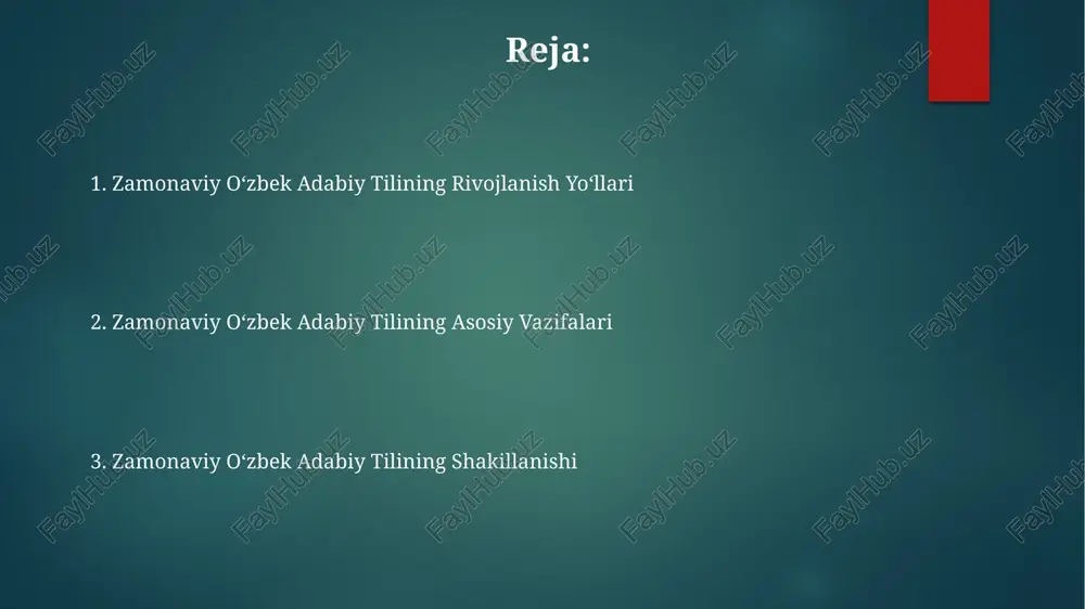 iy oʻzbek adabiy tilining grammatikasi zamonaviy oʻzbek adabiy tilida feʼlning 2 ta asosiy zamoni (hozirgi va oʻtgan) mavjud boʻlib, ularning har biri qoʻshimchalar yordamida 6 dan ortiq grammatik shaklga ega. oʻzbek adabiy tilining morfologiyasi 10 dan ortiq soʻz turkumini oʻz ichiga oladi va ularning har biri oʻziga xos grammatik xususiyatlarga ega, masalan, otlarning 6 ta kelishigi. zamonaviy oʻzbek adabiy tilida gapning sodda va murakkab turlari uchrab, murakkab gaplar 3 ta asosiy bogʻlovchi usul (bitishgan, qoʻshma, bogʻlangan) orqali hosil boʻladi. zamonaviy oʻzbek adabiy tilining leksikasi rus tilidan oʻzlashgan 3000 dan ortiq soʻz zamonaviy oʻzbek adabiy tilida faol qoʻllaniladi, ammo ularning aksariyati oʻzbek tilining fonetik va morfologik qonunlariga moslashgan. zamonaviy oʻzbek adabiy tilida taxminan 100 000 ga yaqin soʻz mavjud boʻlib, ularning 70% dan ortigʻi milliy leksik qatlamga mansubdir. soʻz yasashning affiksatsiya, kompozitsiya va boshqa 5 ta usuli orqali leksikaning boyishi va terminologiya sohasidagi rivojlanish kuzatiladi. oʻzbek tilining mustaqillik davridagi rivojlanishi mustaqillik …