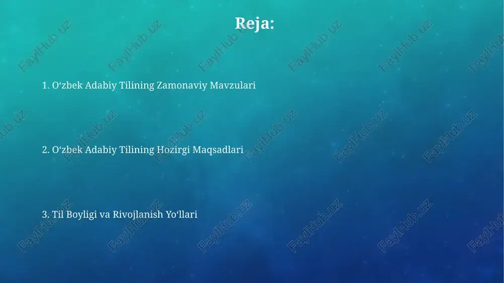 nktsional imkoniyatlarini kengaytirish, jumladan, ilmiy, texnik va huquqiy sohalardagi terminologiyani boyitish boʻyicha 5 yillik reja amalga oshirilmoqda. zamonaviy adabiy tilning dialektlarga ta'siri taxminan 20% ga yaqin adabiy asarlarda, ayniqsa, realistik yozuvda, dialektal elementlar stilistik vosita sifatida qo'llanilib, obrazlilikni oshiradi va personajlarning nutqini yanada hayotiy qiladi. adabiy tilning normadan chetga chiqishlariga olib keladigan 3 ta asosiy dialektal xususiyatlar: unlilarning o'zgarishi, fe'l shakllarining soddalashuvi va so'z qo'shilishining o'ziga xos xususiyatlari. oʻzbek adabiy tilining xalqaro aloqalarga ta'siri oʻzbek tilida chop etilgan 200 dan ziyod ilmiy maqolalar va monografiyalar xalqaro indeksatsiyaga kiritilishi orqali uning xalqaro miqyosdagi ta'sirini oshirmoqda. jahon adabiyoti namunalarining oʻzbek tiliga tarjimasi orqali 500 dan ortiq yangi soʻz va terminlarning qoʻllanilishi tilning boyishini va xalqaro aloqalarga integratsiyasini aks ettiradi. adabiy tilning hududiy oʻzgarishlari oʻzbekistonning turli hududlarida adabiy tilning qoʻllanilishiga taʼsir koʻrsatadigan 3 ta asosiy dialektal mintaqa aniqlangan: sharqiy, gʻarbiy va janubiy. adabiy tilning shahar va qishloq dialektlari oʻrtasidagi farqlar son jihatdan kamayib …