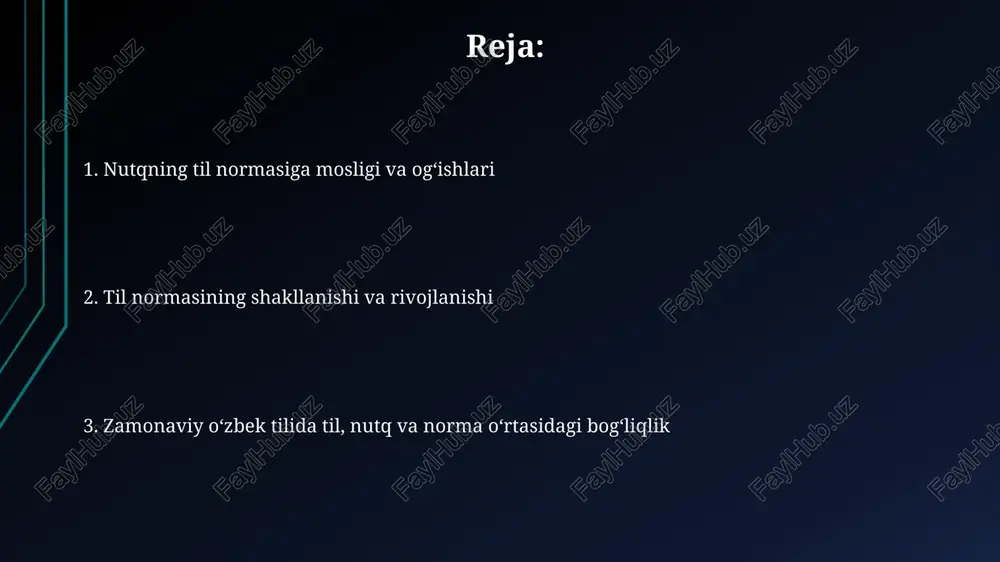 chastotasi va tarqalish darajasi aniqlanadi. soʻnggi 30 yil ichida ommaviy axborot vositalarining ta'siri tufayli nutq normalarida, ayniqsa, leksik va fonetik sohalarda sezilarli oʻzgarishlar kuzatilmoqda. oʻzbek tilining nutq normalari 3 asosiy darajada – adabiy, hududiy va professional – shakllanadi, ularning har biri oʻziga xos fonetik, leksik va grammatik xususiyatlarga ega. zamonaviy oʻzbek tilida til, nutq va norma oʻrtasidagi bogʻliqlik zamonaviy oʻzbek adabiy tilining 3 ta asosiy lahjasidan (qoraqalpoq, xorazm, toshkent) kelib chiqqan nutqiy xilma-xilligi til normasini boyitadi, lekin bir xil standartga ega boʻlish uchun 20 dan ortiq oʻzgarishlar kiritilgan. oʻzbek tilining fonetik, morfologik va sintaksis normasi oʻrtasidagi oʻzaro bogʻliqlikning 70% ga yaqini nutqning toʻgʻriligi va oʻzaro tushunish imkoniyatini belgilaydi. soʻz boyligi jihatidan zamonaviy oʻzbek tili 100 000 dan ortiq soʻzga ega boʻlib, bu nutqning ifodali va aniq boʻlishiga, shuningdek, til normasining mustahkamlanishiga hissa qoʻshadi. ogʻzaki va yozma nutq normalari ogʻzaki va yozma nutq normalari orasidagi farqlar, masalan, fonetika, leksika va grammatik …