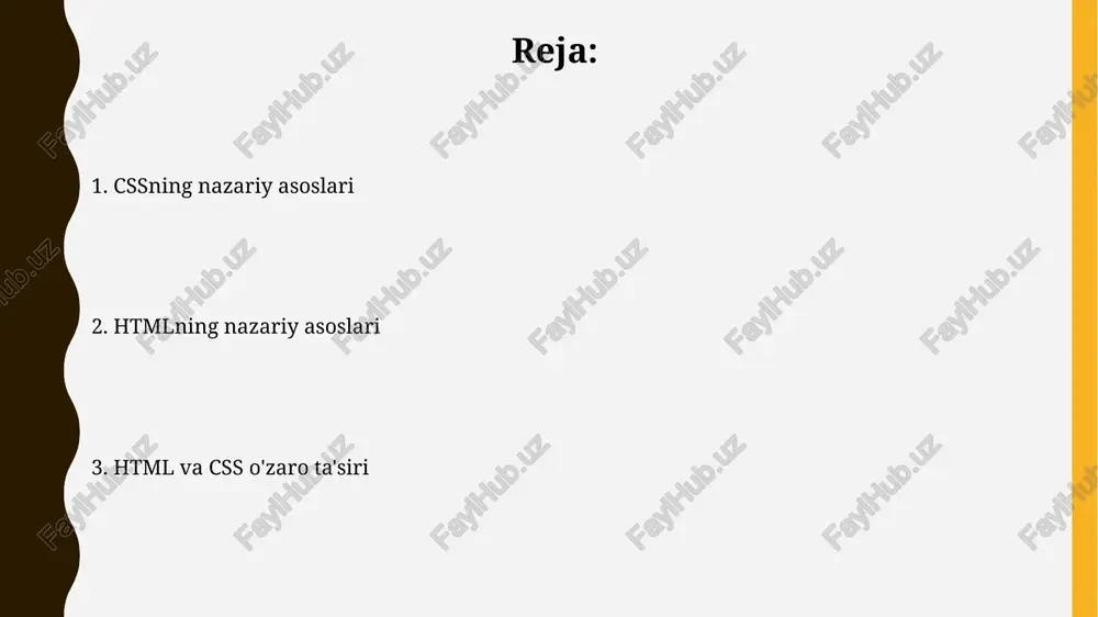 unda 1 dan ortiq tugunlar (elementlar, atributlar, matnlar) va ular orasidagi munosabatlar aks ettiriladi. javascript orqali dom manipulyatsiyasi, veb-sahifalarni dinamik ravishda yangilashga, 200 dan ortiq element xususiyatlarini o'zgartirishga va foydalanuvchi interfeysini yaratishga imkon beradi. vorislik va o'zgartirish vorislk va o'zgartirish orqali yaratilgan veb-sahifalarning hajmini kamaytirish mumkin. masalan, bitta css faylida 50 ta elementning xususiyatlarini belgilash, har bir element uchun alohida kod yozishdan ko'ra samaraliroq. html va cssdagi vorislik, elementlarga ota-elementlarining xususiyatlarini meros qilib olishni ta'minlaydi. bu kaskadli uslublar varag'i (css)ning asosiy tamoyillaridan biri bo'lib, 3 ta vorislik turi mavjud: normal, konkret va aniq. float va position xususiyatlari float va position xususiyatlarini birgalikda ishlatish murakkab tartiblarni yaratishga imkon beradi, lekin ularning o'zaro ta'siri ba'zan kutilmagan natijalarga olib kelishi mumkin. masalan, float'langan elementlarga margin-collapse ta'siri qo'llanmaydi. position xususiyati elementning joylashishini aniq belgilaydi: static, relative, absolute, fixed va sticky. har bir qiymat elementning ota elementiga va brauzer oynasiga nisbatan joylashishini boshqacha tarzda belgilaydi. …