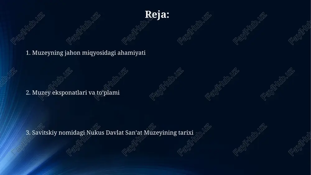 tiq eksponatini saqlab, mintaqaviy madaniy merosning muhim qismi hisoblanadi va uning ahamiyatini taʼkidlaydi. o'zbekiston xalq rassomlari asarlari "o'zbekiston xalq rassomlari asarlari" kolleksiyasi 1930-yillardan boshlab shakllana boshlagan bo'lib, hozirgi kunda 5000 dan ortiq asarni o'z ichiga oladi, jumladan, noyob grafikalar va haykaltaroshlik namunalari mavjud. "o'zbekiston xalq rassomlari asarlari" kolleksiyasida sovet davriga oid, ijtimoiy-realizm uslubidagi asarlardan tashqari, avangard va modernizmga oid kamdan-kam uchraydigan noyob eksponatlar ham mavjud. sharqona miniatyurasi va amaliy san'at namunalari sharqona miniatyurasi va amaliy san'at namunalari to'plami, o'zining noyobligi va miqyosi bilan, markaziy osiyo madaniy merosi bo'yicha muhim ilmiy tadqiqotlar o'tkazish imkonini beruvchi 1000 dan ortiq eksponatlar bilan ajralib turadi. to'plamda namoyish etilayotgan amaliy san'at namunalari orasida, 500 dan ziyod turli xil metallardan yasalgan zargarlik buyumlari, keramika buyumlari va yog'och o'ymakorligi namunalari mavjud bo'lib, ular yuqori badiiy mahoratni namoyish etadi. muzeyni rivojlantirishga qo'shgan hissa muzeyni jahon miqyosida tan olinishiga savitskiyning xalqaro hamkorliklarni o'rnatishdagi sa'y-harakatlari, ko'plab xorijiy ko'rgazmalar tashkil etilishi …