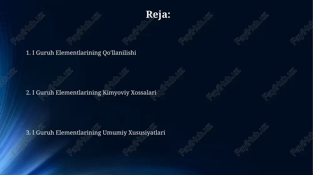 hosil qiladi, bu reaksiyalarning standart entalpiyasi juda manfiy qiymatga ega. i guruh elementlari gidridlarini hosil qilish reaksiyalari odatda yuqori haroratlarda (masalan, 200-400°c) vujudga keladi va bu reaksiyalar ekzotermik xususiyatga ega, ya'ni issiqlik ajralib chiqadi. elektrokimyoviy xususiyatlari suvdagi reaksiyalarda i guruh elementlari ishtirok etganda, vodorod ajralib chiqadi va gidroksidlar hosil bo'ladi, bu ularning kuchli reduksion xususiyatlarini tasdiqlaydi. ushbu elementlarning standart elektrod potensiallari juda manfiy qiymatlarga ega bo‘lib, ularning yuqori kimyoviy faolligi va kuchli reduksion xususiyatlarini ko'rsatadi. masalan, litiyning standart elektrod potensiali -3,04 v. kelajakdagi tadqiqotlar alkali metallarning 200 gpa dan yuqori bosim ostida o'tkazuvchanlik xossalarini batafsil o'rganish, yangi fazaviy o'tishlarni va ularning supero'tkazuvchanlik bilan bog'liqligi aniqlanishi kerak. suyuqlik fazalarida alkali metallarning fotoelektron spektroskopiyasi orqali elektron tuzilmasini tadqiq qilish, 5-10% aniqlik bilan elektron zichligini aniqlashga yo'naltirilishi mumkin. qotishmalar qotishmalarning tarkibiy qismlarining nisbati ularning mexanik xossalariga, masalan, mustahkamlikka va choʻziluvchanlikka, sezilarli darajada taʼsir qiladi, 1% dan ortiq qotishma elementi qoʻshilishi sezilarli oʻzgarishlarni keltirib …