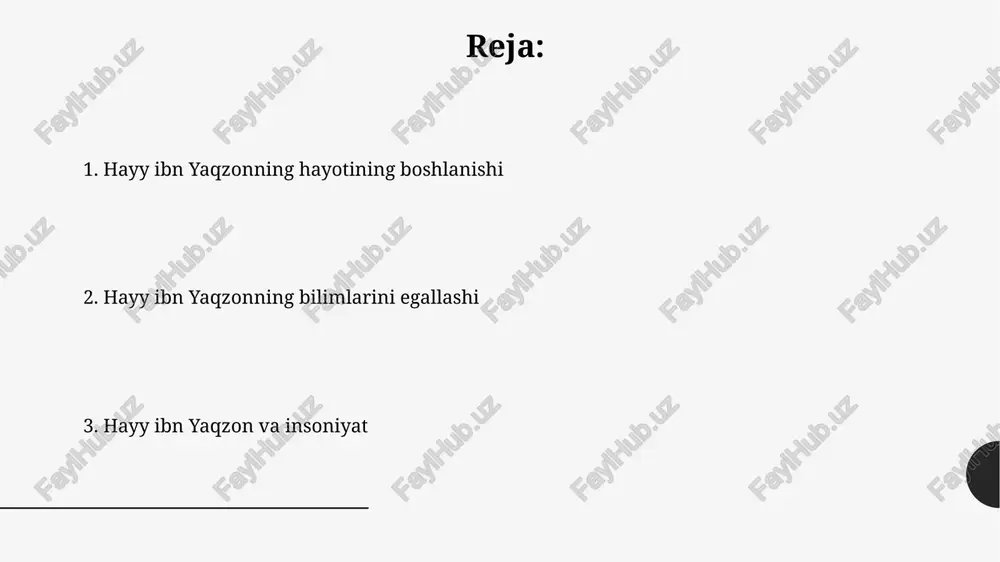 jlanishi tasvirlangan bo'lib, har bir bosqich hissiy idrokdan mantiqiy tafakkurga o'tishni aks ettiradi. ibn sina falsafasi hayyning aql va idrok rivojlanishida empirik kuzatishlar va mantiqiy deduksiyaning muhim rolini, 2 ga bo'lingan jarayon sifatida ko'rsatadi. ibn sinoning ta'siri hayy ibn yaqzonning ontologik va epistemologik qarashlari ibn sinoning "isho'rot va tanbihot" asaridagi 5 ta mavzusiga yaqin bo'lib, insonga xos bo'lgan aql va idrok qobiliyatlari haqidagi fikrlarini aks ettiradi. ibn sinoning "qonun fi tibb" asari hayy ibn yaqzon hikoyasida, ayniqsa, hayyning tabiatni o'rganish va tibbiy bilimlarga ega bo'lish jarayonida 20 dan ortiq o'simlik va hayvonlar haqida ma'lumotlarini o'z ichiga olgan holda sezilarli darajada aks etgan. salaman bilan uchrashuv ushbu uchrashuvda xayy ibn yaqzon insoniy tajribaning chegarasini kengaytirib, 2 ta turli dunyoqarash – tabiiy va diniy – ning o'zaro ta'sirini tasvirlaydi. salaman bilan bo'lgan uchrashuv xayy ibn yaqzonning tabiiy falsafaga asoslangan 7 yillik yakka tarzidagi hayotining yakuniga yaqin bo'lib o'tgan muhim voqealardan biridir. inson …