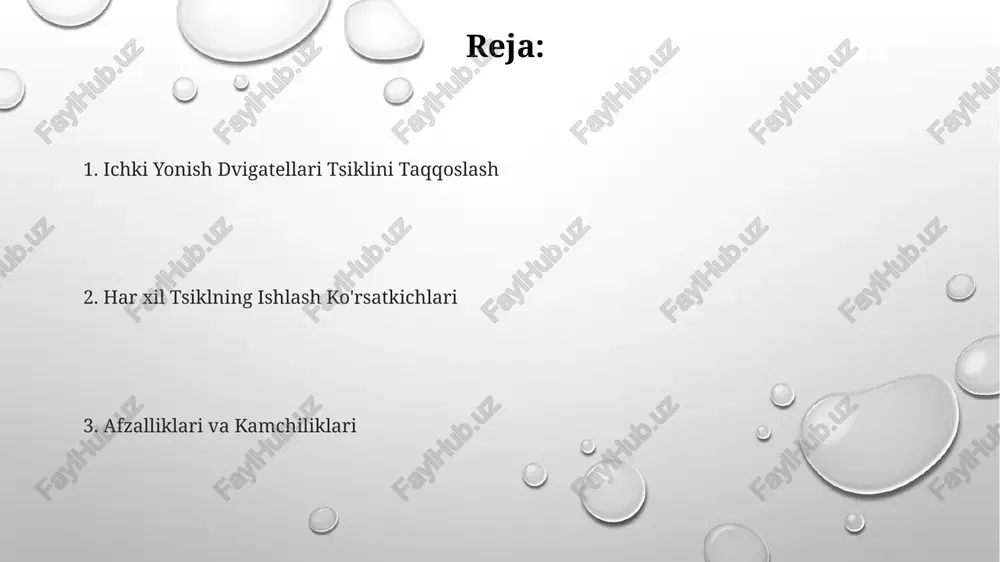 bilan birgalikda ishlash orqali ichki yonish dvigatellarining ekologik tozaligini 90% gacha oshirish mumkin. ichki yonish dvigatellari tsikllarining samaradorligini 30% gacha oshirish istiqboli, yangi materiallar va yonilg'i quyish tizimlarini qo'llash orqali amalga oshirilishi mumkin. ich dvigatellari tsikllarining taqqoslash tahlili brayton tsikli gaz turbinalarida qo'llaniladi va uning samaradorligi 35-45% oralig'ida bo'lib, yuqori ishchi temperaturasi va turli xil regeneratsiya usullaridan foydalanish bilan oshirilishi mumkin. stirling tsikli yuqori samaradorlikka (50% dan yuqori) ega bo'lishi mumkin, biroq murakkab dizayni va past quvvat zichligi tufayli keng tarqalmagan. ich dvigatellari tsikllarining taqqoslash tahlili shuni ko'rsatadiki, otto tsiklining termodinamik samaradorligi taxminan 30-40%, dizel tsiklining esa 40-50% ga etadi, bu yonish usuli farqidan kelib chiqadi. brayton tsiklining xususiyatlari brayton tsiklining issiqlik samaradorligi, issiqlik almashinuvi jarayonlarining tezligiga bog'liq bo'lib, odatda 40-60% oralig'ida bo'ladi va turbogenerator qurilmalarida yuqoriroq ko'rsatkichlarga erishiladi. brayton tsiklining keng tarqalgan modifikatsiyasi – regenerativ brayton tsikli bo'lib, u issiq chiqindi gazlarining issiqlik energiyasini qayta ishlatib, tsiklining samaradorligini 10-15% …