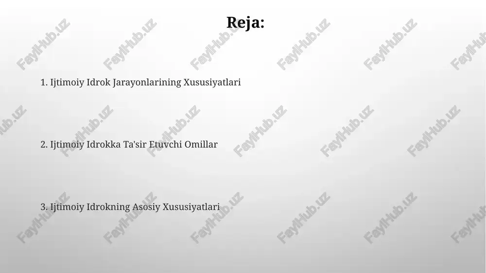 t olish orqali kamaytirish mumkin. proyeksiya esa, o'zimizning his-tuyg'ularimizni, fikrlarimizni va xususiyatlarimizni boshqa odamlarga nisbat berishimizdir. masalan, o'zimiz g'azabli bo'lsak, boshqalarning ham g'azabli ekanini taxmin qilishimiz mumkin, bu esa 30% gacha xatolikka olib kelishi mumkin. emosional ta'sir hissiy ta'sir shaxslararo munosabatlarda muhim rol o'ynaydi, 70% dan ortiq muloqot so'zsiz bo'lib, mimika, imo-ishoralar va ovoz ohangi orqali his-tuyg'ular uzatiladi. hissiy yuqumlilik hodisasi, ya'ni bir kishining his-tuyg'ularining boshqasiga tarqalishi, hissiy ta'sirning samarali mexanizmlaridan biri hisoblanadi va 3-5 soniya ichida yuzaga keladi. madaniy ta'sirlar ijtimoiy taqqoslash nazariyasi shuni ko'rsatadiki, madaniy me'yorlar 3ta asosiy guruhga bo'linishi mumkin: individualistik, kollektivist va boshqalar. madaniy ta'sirlar shaxslararo munosabatlarning 70% dan ortig'ini belgilaydi, bu esa ijtimoiy idrokda madaniy kontekstning ahamiyatini ko'rsatadi. selektiv e'tibor va filtrlash selektiv e'tiborning kognitiv yuk bilan bog'liqligi mavjud: kognitiv yuk yuqori bo'lganda, filtrlash yanada qat'iyroq va tanlangan bo'ladi, diqqatimiz faqat muhim deb hisoblangan ma'lumotlarga qaratiladi. selektiv e'tibor, miyamiz kuniga 11 million bit ma'lumotni qayta …