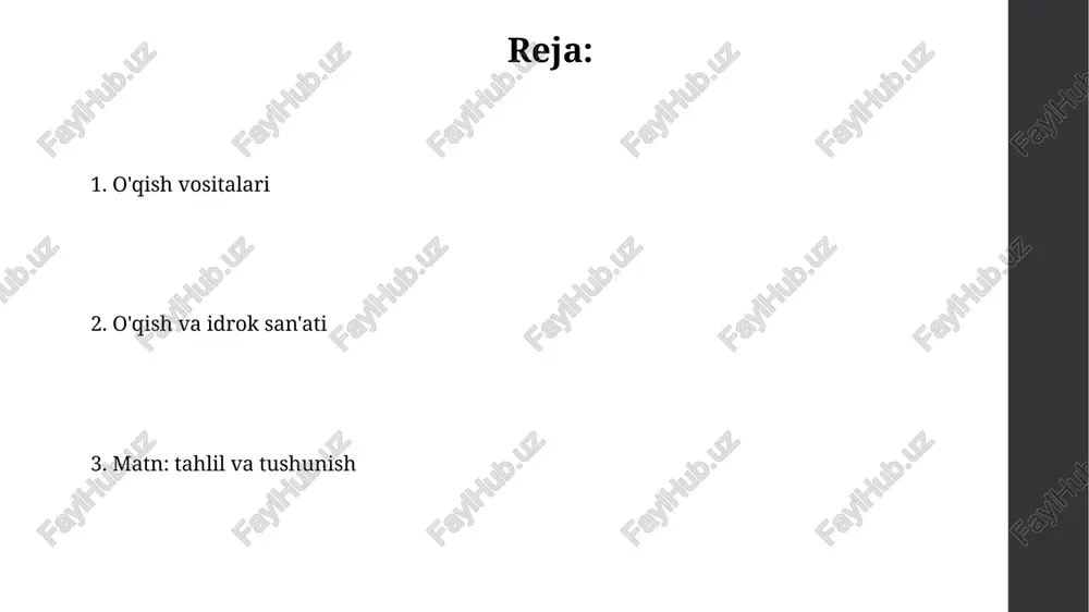 ir vaqtda ko'rishni o'rgatish orqali sekundiga 500 so'zgacha o'qish mumkin. faol o'qish strategiyasi faol o'qishning metakognitsion strategiyasi sifatida o'qishdan oldin, o'qish jarayonida va o'qishdan keyin o'z-o'zini baholash va strategiyani moslashtirishni amalga oshirish comprehensionni yaxshilaydi. matnni faol o'qishda so'z boyligini boyitish uchun 10 ta yangi so'z va ularning sinonimlarini o'rganish, keyin ularni 5 ta jumlada qo'llash muhim hisoblanadi. so'z boyligini oshirish usullari lug'atlar, o'quv qo'llanmalari va onlayn resurslardan foydalanib, yangi so'zlarni kontekstda o'rganish, ma'nolarini tushunish va jumlalar tuzish orqali yodlash so'z boyligini sezilarli darajada oshiradi. har kuni kamida 30 daqiqa kitob o'qish, matn tahlil qilish va so'zlarning ma'nolarini izlash so'z boyligini 20% ga oshirishga yordam beradi, lekin muntazamlik muhim ahamiyatga ega. o'qish vositalari: umumiy nuqtai ko'rish qobiliyati zaifligi bo'lgan o'quvchilar uchun 10 dan ortiq turdagi maxsus o'qish vositalari mavjud, masalan, ekranda kattalashtirish funksiyasi yoki ovozli o'qish dasturlari. o'qish vositalarining 30% dan ortig'i raqamli formatda, ya'ni elektron kitoblar, veb-saytlar va dasturlar orqali …