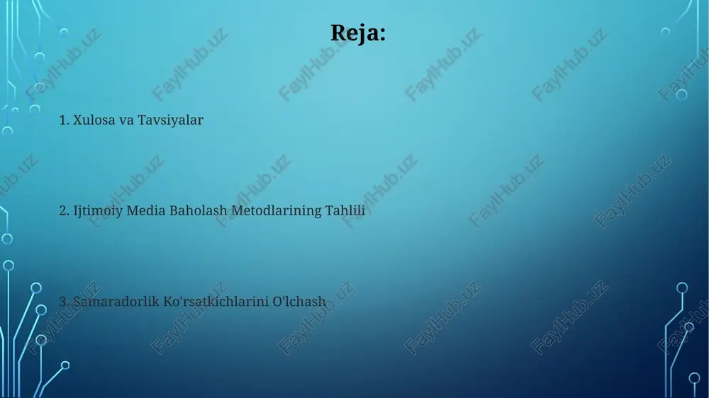 (masalan, 10% dan yuqori bo'lsa) brendning obro'siga ta'sirini aniqlash mumkin. ijtimoiy media mazmunining samaradorligini baholashda, kamida 50 ta postni tahlil qilib, ularning o'rtacha o'zaro ta'sirini va 1000 ta foydalanuvchi uchun yetkazilgan ta'sirni hisoblash kerak. kampaniya samaradorligini baholash kampaniyaning roi (return on investment) ko‘rsatkichi 300% dan oshdi, bu esa sarflangan mablag‘larning yuqori darajada samarali ishlatilganligini va investitsiyalarning qaytarilishini ko‘rsatadi. ijtimoiy media monitoring vositalari yordamida kampaniya davomida 50 mingdan ortiq ta’sirchanlik ko‘rsatkichiga erishildi, bu esa maqsadli auditoriyaga yetkazilgan xabarlar sonini aks ettiradi. auditoriya analizi va segmentirovka auditoriya analizi orqali 30% dan ortiq foydalanuvchilarning demografik ko'rsatkichlari (yosh, jins, manzil) va qiziqishlarini aniqlash orqali aniqroq segmentirovka qilish mumkin. ijtimoiy media platformalarining ichki analitik vositalaridan foydalanib, auditoriya faolligini kuzatish va 10% ga yaqin foizda o'sishni ta'minlash uchun mazmunni optimallashtirish muhimdir. tavsiyalar va strategik rejalar mijozlarning faolligi va ishtiroki darajasini o'lchash uchun 1000 ta foydalanuvchini o'z ichiga olgan a/b testi o'tkazish va natijalarga asoslanib strategiyani moslashtirish …