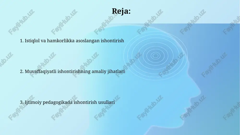 da ishontirish usullari persuaziyaning samarali vositalaridan biri – 5w1h (kim? nima? qachon? qayerda? nega? qanday?) metodikasi, u maqsadli auditoriyani aniq va tushunarli ma'lumot bilan ta'minlaydi. ijtimoiy pedagogikada ishontirishning 3 ta asosiy usuli mavjud: ma'lumotlar taqdim etish (faktografik), hissiy ta'sir (emotsional) va shaxsiy munosabatlarni o'rnatish (interpersonal), ularning samaradorligi 70% ga yaqin. bahs va munozaralar orqali ishontirish ijtimoiy pedagogikada bahs-munozaralar orqali ishontirishda empatiya va nutq madaniyatini 5 ball shkalasi bo'yicha baholash, samaradorlikni oshiradi. muvaffaqiyatli bahs-munozarada 70% tinglash va faqat 30% gapirish kerak, shunda raqibning fikrlarini chuqur tushunib, samaraliroq javob qaytarish mumkin. e'tiboringiz uchun rahmat @taqdimot_robot image2.jpg image3.jpg image4.jpg image5.jpg image6.jpg image7.jpg image8.jpg image1.png