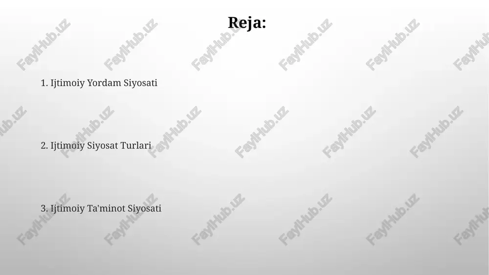 sog'liqni saqlash siyosati sog'liqni saqlash siyosati davlat byudjetidan 15% dan ortiq mablag' ajratishni, shuningdek, 2030-yilgacha o'rtacha umr ko'rish muddatini 75 yoshga yetkazishni maqsad qilishi mumkin. sog'liqni saqlash sohasidagi xususiy sektor ishtirokini rag'batlantirish uchun, soliq imtiyozlari va davlat-xususiy sheriklik dasturlari orqali 20% gacha investitsiyalar jalb qilish mumkin. ijtimoiy ta'minot siyosati ijtimoiy ta’minot siyosati qariyalar, nogironlar va kam ta’minlangan oilalarga oylik nafaqalar, pensiyalar va subsidiyalar kabi 3 asosiy turdagi moddiy yordamni o’z ichiga oladi. ijtimoiy ta'minot siyosati samaradorligini baholashda asosiy ko'rsatkichlardan biri – aholining qashshoqlik darajasining pasayishi, masalan, 2010 yildan 2023 yilgacha 50% ga kamayishi kuzatildi. e'tiboringiz uchun rahmat @taqdimot_robot image3.png image4.jpg image5.jpg image6.jpg image7.jpg image8.jpg image9.jpg image10.jpg image1.png