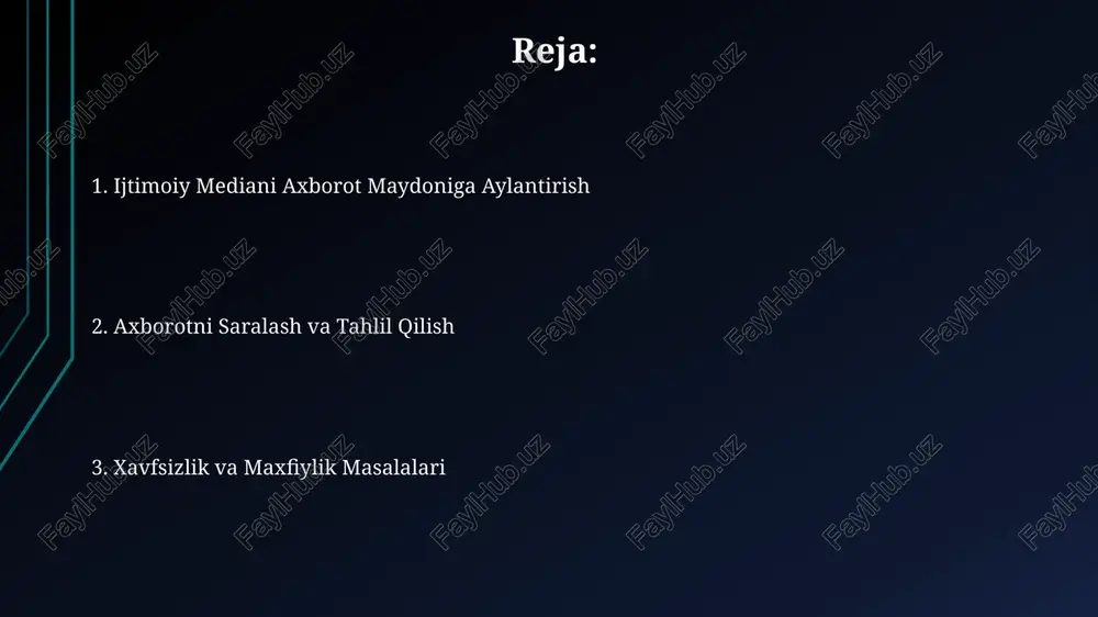 muhim ahamiyatga ega bo'lib, aholi orasida kamida 70% foizga internet foydalanuvchilar sonini oshirish orqali axborotga kirish imkoniyatlarini kengaytiradi. shaxsiy ma'lumotlarni himoya qilish va xavfsizlik ijtimoiy tarmoqlarda shaxsiy ma'lumotlaringizni himoya qilish uchun ikki omilli autentifikatsiyadan (2fa) foydalaning, bu sizning hisobingizni 90% gacha himoya qiladi va noqonuniy kirish ehtimolini kamaytiradi. kamida 12 ta harf, raqam va maxsus belgilarni o'z ichiga olgan kuchli parollardan foydalaning, ularni muntazam ravishda o'zgartirib turing va hech qachon bir xil parolni bir nechta hisoblarda ishlatmang. ijtimoiy media va ommaviy axborot vositalari o'rtasidagi farqlar oav faktlardan va tekshirilgan ma'lumotlardan foydalanishga intiladi, ijtimoiy media esa tezkorlik va hissiy ta'sirga ustunlik beradi. bu esa yolg'on va noto'g'ri ma'lumotlarning tarqalishi ehtimolini 5 baravar oshiradi. oav o'z tarkibini tarqatish uchun aniq tuzilmalarga (gazeta, radio, televidenie) ega, ijtimoiy mediada esa tarqatish algoritmlar va shaxsiy tarmoqlar orqali demokratik tarzda amalga oshiriladi; viral kontent tezligi 100 baravar farq qilishi mumkin. axborotni vizualizatsiya qilish va taqdim etish …