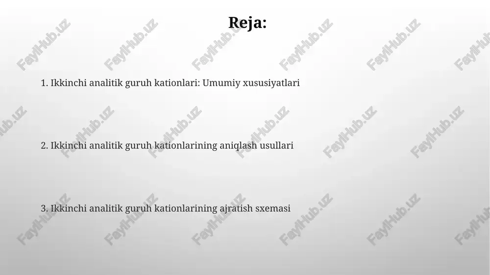 shda ishlatiladi. simob (hg₂²⁺) kationining aniqlanishi simob(i) kationlari (hg₂²⁺) 0,5 m hcl eritmasida erimaydigan oq rangli hg₂cl₂ cho'kmasini hosil qilish orqali aniqlanadi, bu reaksiya juda sezgir bo'lib, 10⁻⁶ m konsentratsiyada ham kuzatiladi. hg₂cl₂ cho'kmasini ammiak (nh₃) bilan ishlov berish natijasida qora rangli metall simob (hg) va oq rangli hgnh₂cl aralashmasi hosil bo'ladi, bu reaksiya simob(i) kationining sifat reaksiyasi hisoblanadi. qo'rg'oshin (pb²⁺) kationining aniqlanishi qo'rg'oshin(ii) ionlari xlorid kislota qo'shilganda oq rangli pbcl₂ cho'kmasini hosil qiladi, bu cho'kmaning eruvchanligi haroratga bog'liq va yuqori haroratda eruvchanligi ortadi. qo'rg'oshin(ii) kationini 0,1m sulfat kislota eritmasida pbso₄ cho'kmasini hosil qilish orqali aniqlash mumkin, cho'kmaning eruvchanligi mahsuloti (ksp) 1,6 × 10⁻⁸ ga teng. bismuth (bi³⁺) kationining aniqlanishi vismut(iii) kationini aniqlashda, 0,1 m sulfid kislota eritmasida h₂s ta'siri ostida qora rangli bi₂s₃ cho'kmasi hosil bo'ladi, bu reaksiya ph ning 0,5 dan past qiymatlarida yaxshi amalga oshadi. vismut(iii) ionlarini aniqlash uchun, uning gidroksidi bi(oh)₃ ning oq rangli cho'kmasini hosil …