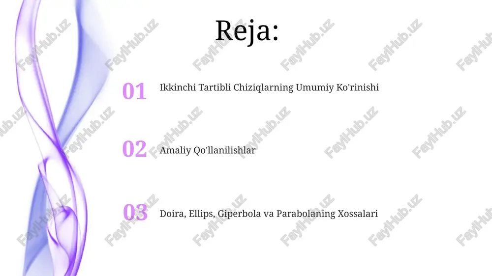 ig'indisi doimiydir. parabola parabolik oynalar, 2-darajali egri chiziq boʻlgan paraboladan foydalanib, parallel nurlanishni bitta fokus nuqtasiga toʻplaydi, bu esa quyosh energiyasini yigʻishda yoki yorugʻlikni konsentratsiyalashda samarali hisoblanadi. parabolaning tenglamasi y=ax²+bx+c koʻrinishida boʻlib, a, b va c koeffitsiyentlari parabolaning shaklini va holatini aniqlaydi, bunda a ning qiymati parabolaning ochilish yoʻnalishini belgilaydi. parabola shakli radio teleskoplarida, masalan, 30 metrlik diametriga ega boʻlgan antenni bir nuqtaga toʻplash uchun qoʻllaniladi, bu esa signalni kuchaytirishga yordam beradi. giperbola giperbolik oyna sifatida ishlatiladigan paraboloid reflektorlar, masalan, radioteleskoplarda yoki quyosh energiyasini to'plashda, 2f fokus masofasidan foydalanib signalni kuchaytiradi. giperbolaning ikkita o'zaro perpendikulyar assi bor bo'lib, ularning nisbati e>1 bo'lgan eksentrisitet orqali aniqlanadi va fo'kuslardan masofalar farqining geometrik o'rni sifatida ta'riflanadi. giperbolaning asimptotlari uning ikkita cheksiz shoxlarini chegaralovchi ikkita to'g'ri chiziq bo'lib, ular tenglamaning x va y o'qlariga nisbatan assimetriyasini aks ettiradi. amaliy qo'llanilishi ellipslar kosmik kemalarning orbitasini hisoblashda ishlatiladi, bu yerda yer markazi ellipsning bir fokusi hisoblanadi, …