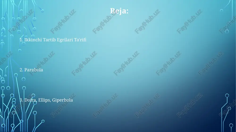 r to'plami bo'lib, bu nuqtalar markazdan teng masofada joylashgan va bu masofa radius deb ataladi; masalan, radius 5 bo'lgan doira uchun tenglama x²+y²=25 bo'ladi. giperbola giperbolaning ekssentristsiti (e) 1 dan katta bo'ladi (e > 1). bu miqdor fokusning giperbolaning markazidan masofasining yarim katta o'qqa nisbatini bildiradi va giperbolaning shaklini aniqlaydi. giperbolaning asimptotlari ikkita to'g'ri chiziq bo'lib, ular giperbolaga cheksiz yaqinlashadi, lekin hech qachon kesishmaydi. ularning tenglamasi giperbolaning tenglamasidan hosil qilinadi va x va y o'qlari bilan bog'liq. giperbolaning ikkita fokusi mavjud bo'lib, har qanday nuqtadan fokuslarga bo'lgan masofalar farqi doimiy qiymatga (2a) teng. bu doimiy qiymat giperbolaning katta o'qining uzunligiga teng keladi. ellipsning tenglamasi va xossalari ellipsning fokuslari f1(-c, 0) va f2(c, 0) koordinatalarda joylashgan bo'lib, bu yerda c = √(a² - b²) hisoblanadi. ellipsning istalgan nuqtasidan fokuslarigacha bo'lgan masofalar yig'indisi doimiy va 2a ga teng. ellipsning tenglamasi kanonik ko'rinishda x²/a² + y²/b² = 1 ko'rinishida bo'lib, a va b …
