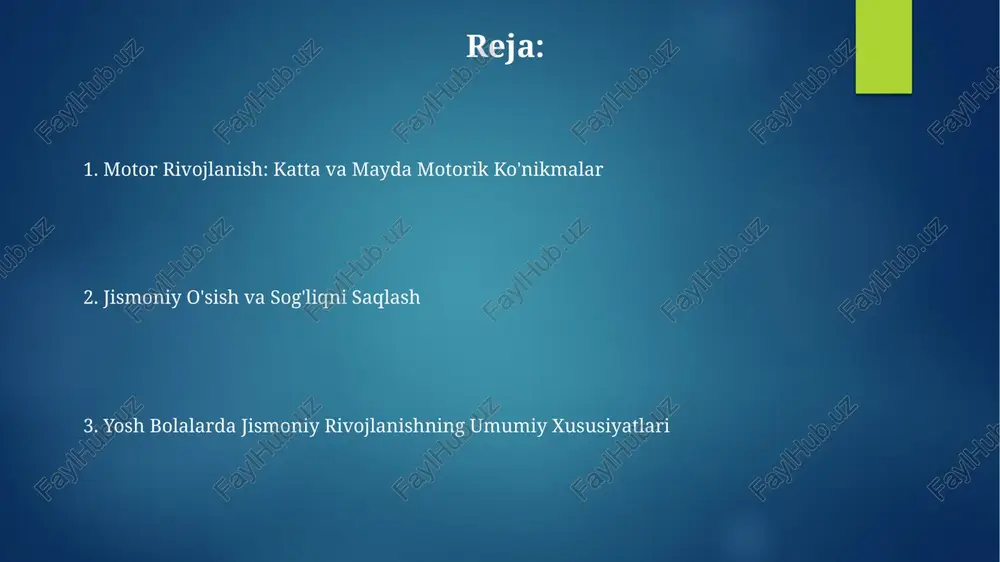 oq aytganda, o'rtacha 3 yoshli bola 2 metr masofani sakrash imkoniyatiga ega. tezligi va reaksiyasi bolalarning reaksiya tezligi va aniqligiga jismoniy mashqlar, o'yinlar va muntazam jismoniy faollik ijobiy ta'sir ko'rsatadi, bu ko'rsatkichlarni sezilarli darajada yaxshilaydi. yosh bolalarda reaksiya tezligi yoshiga bog'liq bo'lib, 2-3 yoshda o'rtacha 0.5 soniyani, 5-6 yoshda esa 0.3 soniya atrofida bo'ladi. kasalliklarning ta'siri og'ir infektsion kasalliklar, ayniqsa, 2 yoshgacha bo'lgan bolalarda, o'sish va rivojlanishning kechikishiga, immunitet tizimining zaiflashishiga olib kelishi mumkin. noto'g'ri ovqatlanish bilan bog'liq kasalliklar, masalan, vitamin yetishmovchiligi, bolaning bo'yi va vaznining normal me'yorlardan ancha past bo'lishiga va suyaklarning rivojlanishiga salbiy ta'sir qiladi. bo'y o'sishi va vazn qo'shish o'g'il bolalarda 2 yoshdan 5 yoshgacha bo'lgan davrda tana vaznining o'rtacha yillik o'sishi taxminan 2-3 kg ni tashkil etadi, bu esa ularning faol harakatlari va mushaklarning rivojlanishi bilan bog'liq. 3 yoshli o'g'il bolaning o'rtacha bo'yi 90-100 sm atrofida bo'lsa, 5 yoshga kelib bu ko'rsatkich 110 sm ga yaqinlashadi, …