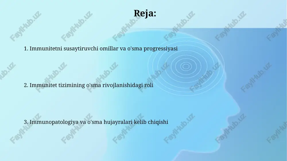 lab chiqishga imkon beradi. immunopatologik tekshiruv usullari immunogistokimyo usuli 30 dan ortiq turli markerlarni aniqlash imkoniyatini berib, o'sma hujayralarining tasnifi va prognozini aniqlashtirishda muhim ahamiyatga ega. oqimli tsitometriya 10⁶ dan ortiq hujayralarni bir vaqtning o'zida tahlil qilib, hujayralarning fenotipi va funktsional xususiyatlarini aniqlash imkoniyatini beradi, bu esa o'sma xujayralarining genezisini o'rganishga yordam beradi. immunitetning susayishi va o'sma rivojlanishi o'rtasidagi bog'liqlik immunitet yetishmovchiligi bilan og'rigan bemorlarda malign neoplazmalar paydo bo'lish ehtimoli sog'lom odamlarga nisbatan 2-3 baravar yuqori. bu, immunitetning o'sma hujayralarini nazorat qilish qobiliyatining pasayishi bilan bog'liq. immunitetning susayishi, xususan, t-hujayralar sonining 30% dan ortiq kamayishi, o'sma rivojlanish xavfini sezilarli darajada oshiradi, chunki immun tizimi o'simta hujayralarini samarali aniqlay olmaydi. o'sma hujayralarining immun tizimidan qochish strategiyasi taxminan 20% o'sma hujayralari, treg hujayralarini jalb qilib, immun javobini faol ravishda susaytiradi va shunday qilib o'sishga imkon beradi. o'sma hujayralari pd-l1 kabi immun tekshirish nuqtalarini yuqori darajada ifodalab, sitotoksik t-hujayralarining faolligini 50% gacha bostirishi …