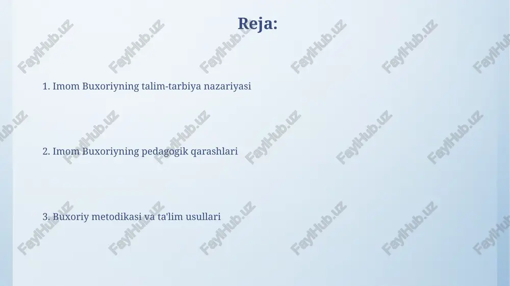 ara qilish kabi usullardan foydalanilgan, bunda taxminan 10 dan ortiq ustoz va murabbiylar talabalar bilan ishlashgan. buxoriy madrasasining o'quv rejasi hadislarni yod olishga, ularni tartib bilan o'rganishga, 6 ta kitobdagi hadislarni mukammal o'zlashtirishga asoslangan bo'lib, har bir kitob maxsus mavzuga bag'ishlangan. dars berish metodlari va didaktik tamoyillar imom buxoriy 30 dan ortiq yil davomida 2000 dan ziyod talabaga fiqh, hadis va tafsir ilmlarini o'rgatgan, bu uning pedagogik mahoratining yuksak ekanligidan dalolat beradi. uning ta'lim faoliyatida induktiv va deduktiv usullarning bir-birini to'ldirib, ta'lim maqsadlariga erishishda samarali qo'llanilganligi ayon. imom buxoriyning pedagogik qarashlari haqida umumiy maʼlumot imom buxoriyning "sahih al-buxoriy" asari, 7 mingdan ortiq hadisni oʻz ichiga olgan holda, tahliliy va sintezli fikrlashni rivojlantirishga qaratilgan oʻziga xos didaktik vosita boʻlib xizmat qilgan. uning pedagogik tamoyillari orasida 200 dan ortiq hadis olimlarini oʻrganish va ular bilan muloqot qilish, faktlarda chuqur tahlil va ishonchlilikka eʼtibor qaratilagan. e'tiboringiz uchun rahmat @taqdimot_robot image4.png image5.jpg image6.jpg image7.jpg …