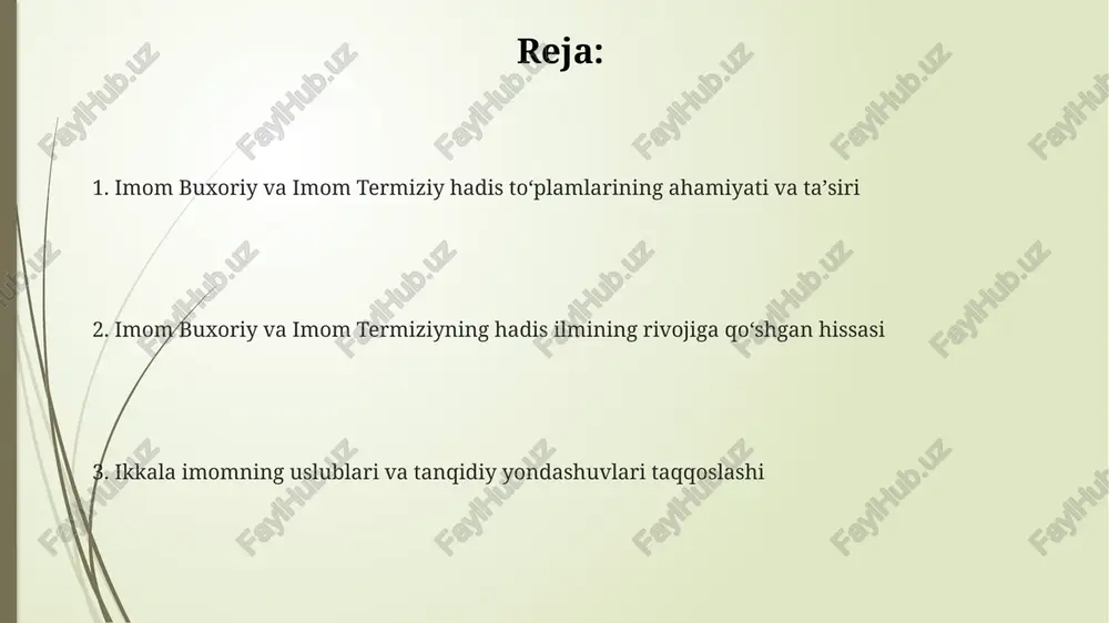 omning hadis tanqid mezonlaridagi o'xshashlik va farqlar imom termiziyning “sunan” kitobida hadislarning ishonchliligi darajasini ko'rsatuvchi 300 dan ortiq ishoralardan foydalanilganligi, buxoriyning “sahih”idagi yondashuvdan farqlidir. imom buxoriy va imom termiziyning hadislarni tasniflashdagi “sahih”, “hasan”, “da'if” kabi kategoriyalaridan foydalanishlarida o'xshashlik mavjud bo'lsada, baholash mezonlaridagi farqlar ham kuzatiladi. ikkala immom ham rivoyat zanjiridagi roviylarning adolatligi va hafzasiga e'tibor qaratganlar, biroq buxoriy bu jihatga ko'proq e'tibor berib, taqriban 7000 hadisni tanlab olgan. buxoriy va termiziyning hadis ilmining rivojlanishiga qo'shgan hissalarining umumiy baholashi buxoriyning asosiy mezonlari sifat va ishonchliligi bo'lsa, termiziy hadislarning sanad va mazmuniy jihatlarini ham inobatga olgan. termiziyning “sunan”ida hadislarning ishonchliligi darajasini ko'rsatuvchi “sahih”, “hasan”, “da'if” kabi tasniflar keng qo'llanilgan. buxoriy 7000 dan ortiq hadisni tanqidiy tahlil qilib, “sahih buxoriy”ni yaratgan bo'lsa, termiziy 3000 dan ortiq hadisni “sunan termiziy”da jamlagan. buxoriy va termiziy hadislarining rivoyat zanjirlari va isnodlari tahlili termiziy o'z asarlarida hadislarning sanadi va matniga izohlar berish bilan birga, ularning hukmlariga ham …
