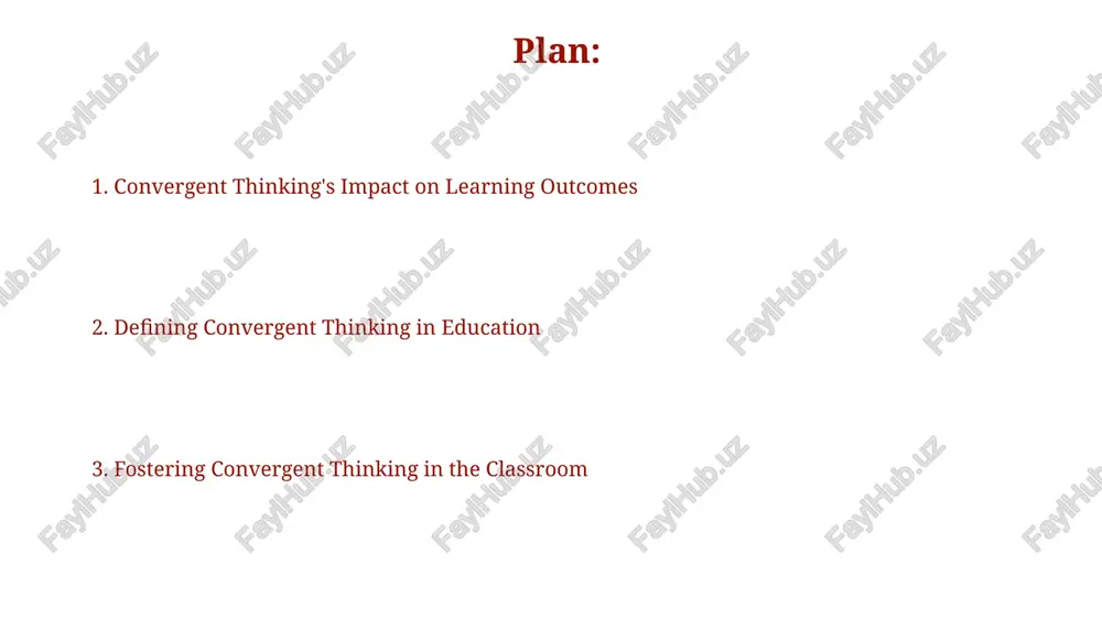 exercises, like those involving 3-step logical deductions or 5-why analyses, to systematically guide students towards single, optimal solutions, enhancing their convergent thinking abilities. integrate regular quizzes and assessments with a focus on one correct answer, incorporating elements of recall and application, to specifically target and measure convergent thinking proficiency. the role of assessment assessments should move beyond simple multiple-choice questions to include open-ended problem-solving tasks, evaluating students' ability to synthesize information and arrive at a single, optimal solution – a key aspect of convergent thinking. employing rubrics with clear criteria (e.g., 5-point scales assessing logic, efficiency, and accuracy) in grading convergent thinking tasks ensures consistent and fair evaluation of students' abilities to reach a single, correct answer. convergent thinking in education convergent thinking exercises, like multiple-choice tests assessing factual recall (e.g., 70% of exam questions), can efficiently gauge students' mastery of fundamental concepts within a defined curriculum, contributing to standardized …