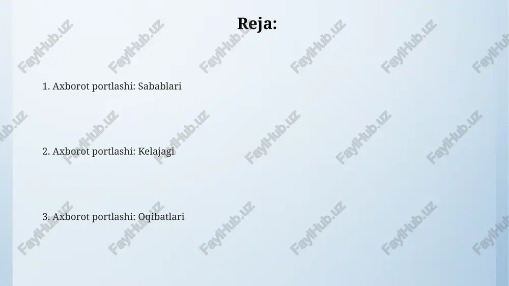 salbiy oqibatlarini kamaytirish uchun 2030-yilga borib global miqyosda ma'lumot xavfsizligi tizimlariga 3 trillion dollar sarmoya kiritilishi va kiberxavfsizlik mutaxassislari soni 2 barobar ko'payishi kutilmoqda. kelajakda ma'lumot hajmi 2025-yilga kelib taxminan 175 zettabaytga yetadi, bu esa hozirgi kundagi ma'lumot hajmidan 10 baravar ko'p bo'ladi va katta ma'lumotlar (big data) tahlilining muhimligini oshiradi. sun'iy intellektning rivojlanishi va mashinani o'rganish algoritmlarining takomillashuvi tufayli kelgusi o'n yillikda ma'lumotni qayta ishlash tezligi 50% ga o'sadi, bu esa yangi texnologiyalar va innovatsiyalarning paydo bo'lishiga olib keladi. ma'lumot portlashining sabablari raqamli texnologiyalar, jumladan, smartfonlar va sensorlarning keng tarqalishi tufayli har kuni 2,5 kvintilyon baytgacha ma'lumot yaratilmoqda, bu esa ma'lumot hajmining eksponensial o'sishini ta'minlaydi. ma'lumot portlashining asosiy sabablaridan biri – internetning jadal rivojlanishi va global tarmoq orqali ma'lumot almashinuvi tezligining yiliga 50% dan ortiq o'sishi hisoblanadi. ilmiy tadqiqotlar va texnologik taraqqiyot natijasida yangi ma'lumotlarning doimiy ravishda paydo bo'lishi, taxminan har 18 oyda ma'lumot hajmining ikki barobar o'sishiga olib …