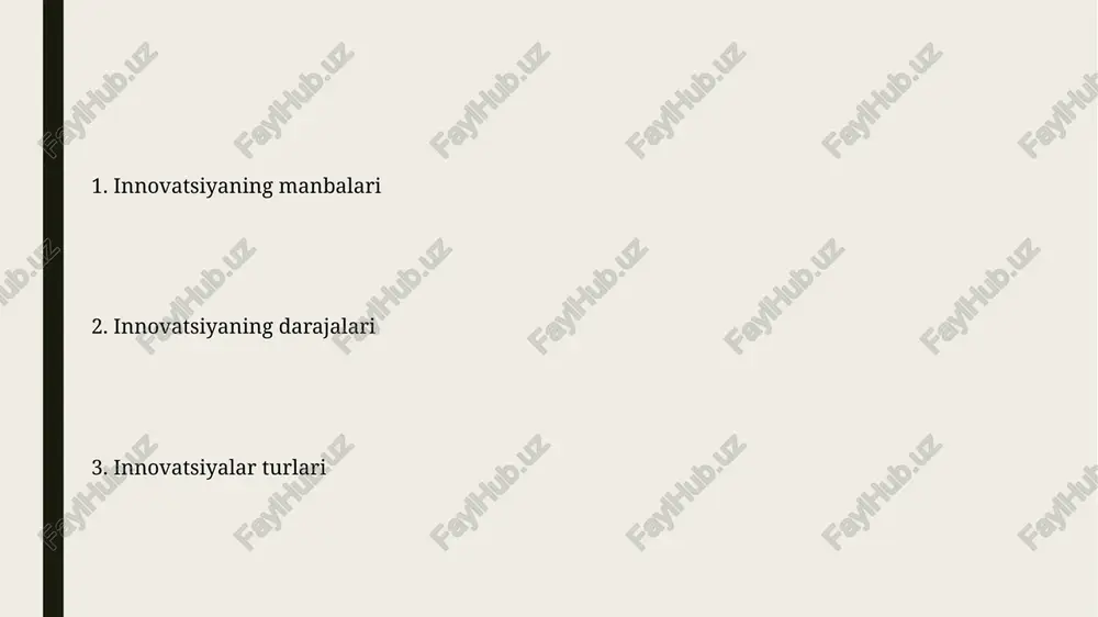 ngan xizmatlarni yaratishi mumkin. disruptiv innovatsiyalar, o'ziga xos xususiyatlari tufayli, dastlabki bosqichda past daromad keltirishi mumkin, lekin keyinchalik 100% dan ortiq foyda olish imkonini beradi. mahsulot innovatsiyalari mahsulot innovatsiyalari yangi mahsulotlarni ishlab chiqarish yoki mavjud mahsulotlarning 30% dan ortiq funksiyalarini yaxshilash orqali amalga oshiriladi, bu esa bozor raqobatbardoshligini oshiradi. taxminan 80% yangi mahsulotlar bozorga chiqqanidan keyingi 1 yil ichida muvaffaqiyatsizlikka uchraydi, shu sababli mahsulot innovatsiyasi bo'yicha to'g'ri strategiya va bozor tahlili muhim ahamiyat kasb etadi. radikal innovatsiyalar ushbu turdagi innovatsiyalar 5 dan 10 yilgacha bo'lgan davr ichida sezilarli darajada o'sish va rivojlanishni ta'minlaydi, shu bilan birga yuqori darajada xavf-xatarlarni ham o'z ichiga oladi. radikal innovatsiyalar mavjud bozorlarni 100% ga o'zgartiruvchi, yangi texnologiyalar va biznes modellarning qo'llanilishini o'z ichiga olgan tub o'zgarishlarni anglatadi. e'tiboringiz uchun rahmat @taqdimot_robot image1.jpg image2.jpg image3.jpg image4.jpg image5.jpg image6.jpg image7.jpg