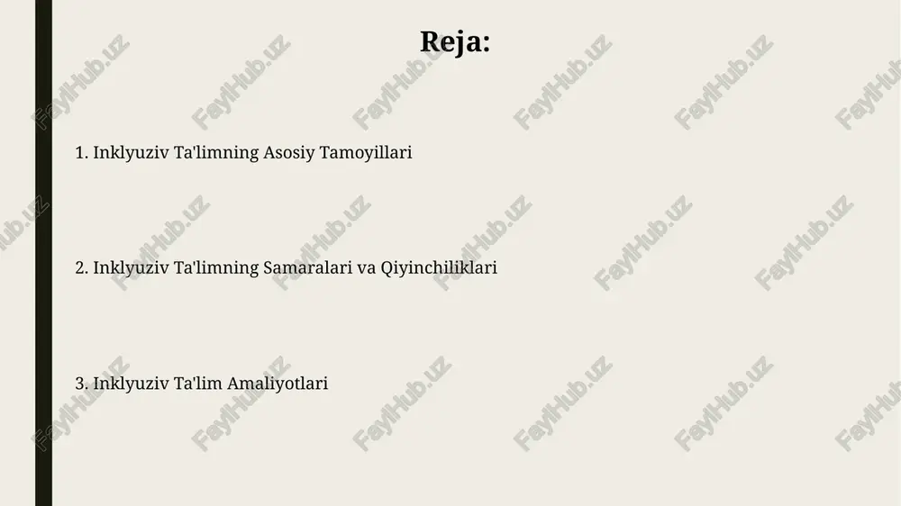 asi, 1:1 o'qituvchi-o'quvchi nisbati bilan ta'minlanganda, 25% ga oshadi, bu esa individual ehtiyojlarga javob beradigan qo'llab-quvvatlashni ta'minlaydi. kamida 3 xil turdagi o'quv materiallari (masalan, audio, video, interaktiv) dan foydalanish, o'quv jarayoniga jalb qilinishni va bilim olishni 50% ga oshirishi mumkin. o'quv materiallari va texnologiyalar o'quv jarayonida audio-vizual materiallar, subtitrlar va transkriptlarning mavjudligi o'quvchilarning 80% gacha bo'lgan qismiga qulaylik yaratadi va tushunishni yaxshilaydi. o'quv materiallarini yaratishda kamida 3 xil til variantini (o'zbek, rus va ingliz tillarida) taqdim etish, shuningdek, brail yozuvi va boshqa alternativ formatlarni qo'shish inklyuzivlikni ta'minlaydi. shaxsiylashtirilgan ta'lim rejalari shaxsiylashtirilgan ta'lim rejalari (shtr) o'quvchining individual ehtiyojlari va qobiliyatlarini hisobga olgan holda, kamida 3 ta o'quv sohasini qamrab oladi va 1 yilda kamida 2 marta qayta ko'rib chiqiladi. shtr ning samaradorligini baholash uchun 3 dan 5 tagacha ko'rsatkich, jumladan, o'quv yutuqlari, ijtimoiy moslashuvchanlik va mustaqillik darajasi qo'llaniladi. moliyalashtirish va resurslar inklyuziv ta'limni rivojlantirish uchun xalqaro tashkilotlar tomonidan taqdim etilayotgan grantlar …