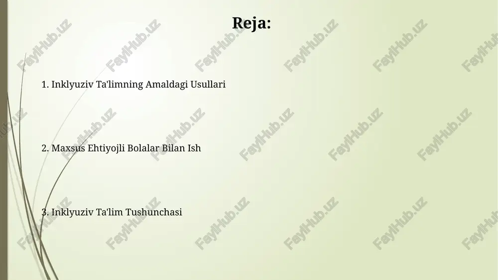 sullarini qo'llashga bag'ishlashi lozim. o'qituvchilar har bir o'quvchining individual ehtiyojlarini aniqlash uchun kamida 3 ta turli baholash usullarini qo'llashi va shu asosda individual ta'lim rejasini (itr) ishlab chiqishi kerak. e'tiboringiz uchun rahmat @taqdimot_robot image1.jpg image2.jpg image3.jpg image4.jpg image5.jpg