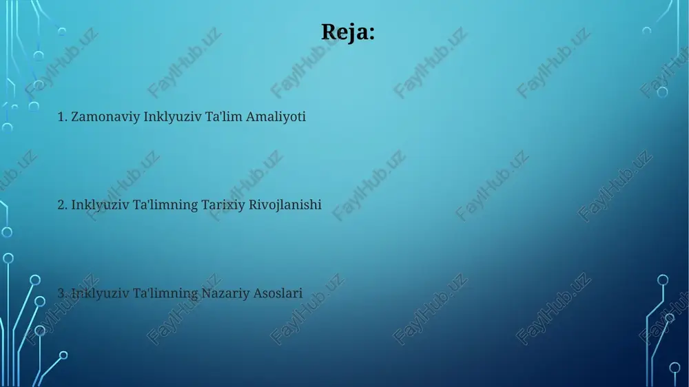 andi. inklyuziv ta'limning samaradorligini baholash inklyuziv ta'limning ta'sirini baholashda 5-ball shkalasi bo'yicha o'qituvchilarning fikr-mulohazalari, o'quvchilarning qiziqishi va darsga faol ishtiroki (85% dan yuqori) kabi sifat ko'rsatkichlar qo'llanilishi mumkin. inklyuziv ta'limning samaradorligini baholashda o'quvchilarning akademik ko'rsatkichlarini (o'rtacha ball, o'zlashtirish darajasi 70% dan yuqori) va ijtimoiy-emotsional rivojlanishini kuzatish muhim ahamiyatga ega. inklyuziv ta'limning huquqiy asoslari o'zbekistonning "bolalar huquqlari to'g'risida"gi konvensiyasini ratifikatsiyasi (1994-yil) inklyuziv ta'lim printsiplarini qo'llab-quvvatlab, bolalarning individual ehtiyojlarini qondirishga qaratilgan huquqiy kafolatlarni ta'minlaydi. inklyuziv ta'limning huquqiy asoslarini o'zbekiston respublikasining 1997-yil 29-avgustdagi "ta'lim to'g'risida"gi qonuni 12-moddasi mustahkamlaydi, kam ta'minlangan oilalardagi bolalarga imtiyozlarni belgilab beradi. inklyuziv ta'limning xalqaro kontekstda rivojlanishi inklyuziv ta'limning xalqaro deklaratsiyalari va konvensiyalari, masalan, bmtning 1948 yildagi inson huquqlari umumjahon deklaratsiyasi va 2006 yildagi imkoniyatlar bo'yicha konvensiyasi, bu sohaning rivojlanishiga kuchli turtki bo'ldi. 1970-yillardan boshlab, inklyuziv ta'limga qiziqishning oshishi bilan birga, turli pedagogik yondashuvlar, masalan, differensial o'qitish va hamkorlikdagi o'qitish, jahon miqyosida qo'llanila boshladi. inklyuziv ta'limning pedagogik asoslari inklyuziv ta'limning …