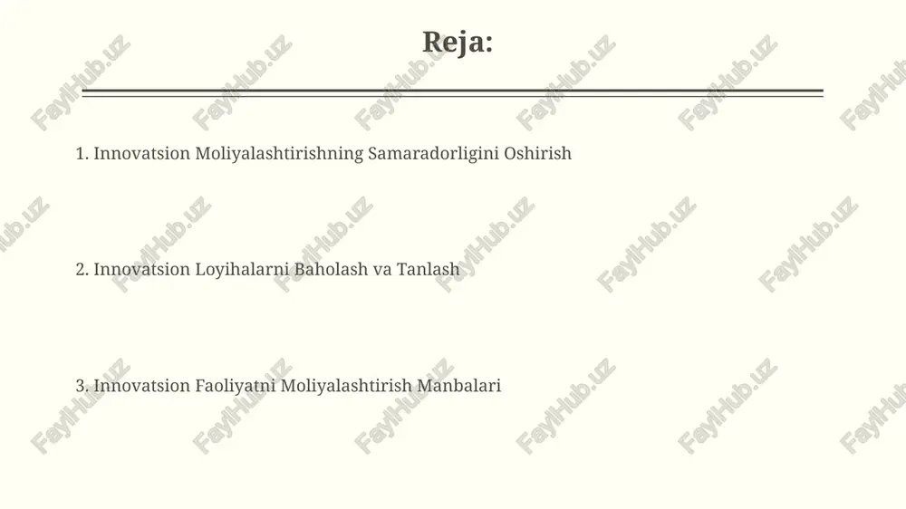 rlar va kreditlar kabi turli xil moliyaviy manbalarni birlashtirish samaradorlikni 25-30% ga oshirishi mumkin. intellectual mulkni himoya qilish va tijoratlashtirish intellektual mulk litsenziyalash shartnomalari orqali olingan daromadlarning o'rtacha ulushi 10% dan 30% gacha, va litsenziya shartnomasini tuzish 5000 dan 15000 aqsh dollarigacha turadi. intellektual mulk huquqlarini himoya qilish uchun patentlar, foydali modellar va savdo belgilarini ro'yxatdan o'tkazish jarayoni o'rtacha 12-18 oy va 500-1500 aqsh dollari miqdorida xarajatlarni talab qiladi. xalqaro moliyalashtirish institutlari xalqaro moliyalashtirish institutlari, xususan jahon banki, yiliga o'rtacha 100 mlrd. aqsh dollari miqdorida rivojlanish loyihalarini, shu jumladan innovatsion texnologiyalarni rivojlantirishga yo'naltirilgan dasturlarni moliyalashtiradi. evropa rekonstruktsiya va taraqqiyot banki (ertb) kabi institutlar, yillik hisobotlariga ko'ra, jami moliyalashtirish hajmining 20% dan ortig'ini kichik va o'rta biznesga, shu jumladan innovatsion faoliyatga yo'naltiradi. crowdfunding va crowd-investing kraudfanding platformalari, odatda, loyihalarni tekshirishga kamroq e'tibor qaratadi, kraud-investing platformalari esa investitsiyalarni himoya qilish uchun qat'iy tartibga solish va tekshiruvlarni o'tkazadi, bu esa 20% gacha qo'shimcha …