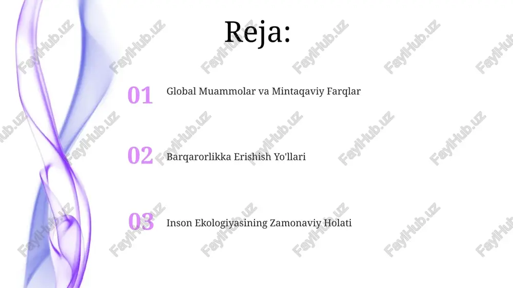 rgalikda boshqarish hal qiluvchi omil hisoblanadi. oziq-ovqat xavfsizligi va oziq-ovqat tizimlari oziq-ovqat tizimlarining 70% dan ortig'i iqlim o'zgarishiga juda zaif bo'lib, bu oziq-ovqat xavfsizligiga jiddiy tahdid soladi va global miqyosda oziq-ovqat tanqisligiga olib kelishi mumkin. oziq-ovqat chiqindilarining taxminan 1/3 qismi iste'molchilar tomonidan kelib chiqadi, bu esa oziq-ovqat xavfsizligini ta'minlash va resurslarni tejash uchun iste'mol madaniyatini o'zgartirish zarurligini ko'rsatadi. iqlim o'zgarishi va uning ta'siri jahon sog'liqni saqlash tashkiloti ma'lumotlariga ko'ra, iqlim o'zgarishi tufayli har yili 150 000 ga yaqin odam halok bo'ladi, bu esa yuqumli kasalliklarning tarqalishi va oziq-ovqat etishmovchiligining kuchayishi bilan bog'liq. so'nggi 10 yil ichida, dunyo bo'ylab 1 million gektardan ortiq o'rmon maydonlari yo'qolgan, bu karbonat angidrid gazining atmosfera miqdorining oshishiga va iqlim o'zgarishining kuchayishiga hissa qo'shmoqda. fuqarolarning atrof-muhitga munosabati o'zbekiston aholisining 70% dan ortig'i qishloq joylarda yashaydi va ularning turmush tarzi bevosita atrof-muhit holatiga bog'liq, bu esa tabiiy resurslarning ortiqcha sarflanishiga olib kelishi mumkin. so'nggi 10 yil ichida …