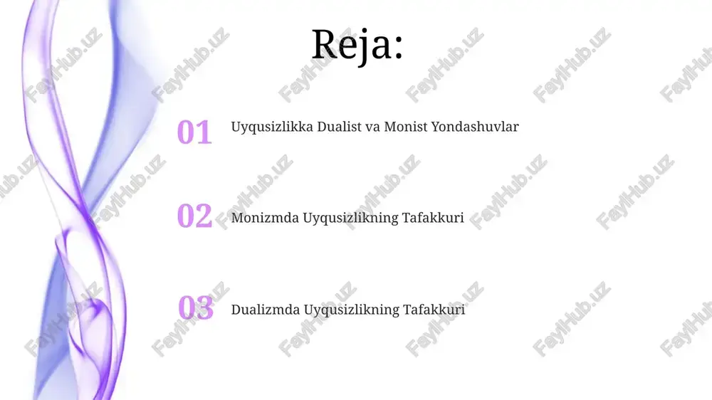 stlar uyqusizlikning jismoniy sabablarini (masalan, gormonlarning nomutanosibligi) va ruhiy omillarni (masalan, stress, xavotir) alohida tahlil qilishadi. dualizm falsafasida ong 2 ta asosiy moddadan – jismoniy va ruhiy – tashkil topgan deb qaraladi, ular bir-biridan mustaqil mavjud boʻlib, 2 xil usulda oʻrganilishi mumkin. monizm falsafasi va ongni tushunish monizm falsafasida ong, 1 ta asosiy moddiy prinsipdan kelib chiqqan yagona va ajralmas birlik sifatida qaraladi, shu sababli ongni fiziologik jarayonlar orqali tushunishga harakat qilinadi. insomniya monist nuqtai nazardan, miya faoliyatining 3 ta asosiy neyrokimyoviy tizimlaridagi nomutanosiblik – serotonin, norepinefrin va gaba bilan bog'liq bo'lishi mumkin. ikkala yondashuvning taqqoslash va farqlari monist yondashuv esa, ong va jismoniy holatlarni yagona tizim sifatida, 1 butun sifatida ko'rib chiqib, insomnia'ni psixologik va biologik omillar o'zaro ta'siri natijasi deb talqin qiladi. ikki tomonlama yondashuv, ong va jismoniy holatlarni 2 alohida komponent sifatida ko'rib chiqadi, 1-insomnia sabablarini miya faoliyati va fiziologik jarayonlar bilan bog'laydi. e'tiboringiz uchun rahmat @taqdimot_robot …