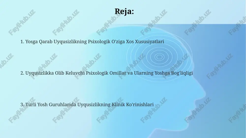 kka chalinganlarning 70% gacha qismi kayfiyat buzilishlari, masalan, depressiya yoki tashvish bilan kurashishmoqda, bu esa uyquning sifatiga salbiy ta'sir ko'rsatadi. o'smirlik davrida uyqusizlik bilan bog'liq kognitiv xususiyatlar, ya'ni salbiy fikrlash uslublari va uyquga oid noto'g'ri qarashlar, uyqusizlikning davomiyligiga 30% gacha hissa qo'shishi mumkin. o'smirlarning 25% atrofida uyqusizlikka olib keladigan turli xil ruhiy stresslar, jumladan, o'qish bosimi, ijtimoiy qo'rquv va oilaviy muammolarni boshdan kechirishadi. yosh kattalardagi uyqusizlikning psixologik xususiyatlari 65 yoshdan oshganlar orasida uyqusizlik ko'pincha xotira zaiflashuvi, diqqatni jamlash qiyinchiliklari va kognitiv funksiyalarning pasayishi bilan bog'liq bo'ladi. bu esa kun davomida charchoq va ish faoliyatiga salbiy ta'sir ko'rsatadi. yosh kattalarda uyqusizlikka chalinganlarning 70% dan ortig'i tashvish va depressiya kabi ruhiy kasalliklarga moyil bo'lib, bu uyqusizlikning og'irligini oshiradi va davolashni murakkablashtiradi. yosh kattalardagi uyqusizlik uyqu gigienasini buzilishi bilan bog'liq bo'lib, ularning 40% dan ortig'i noto'g'ri uyqu odatlariga ega, bu esa uyqusizlikning surunkali shaklini keltirib chiqaradi. psixologik davolash usullari va yosh guruhlari yoshga …