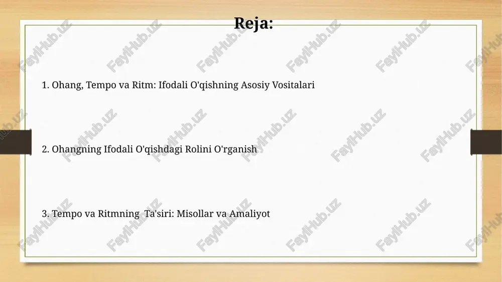 mning o'zgarishi orqali, masalan, 20 so'zlik gapni 5 sekundda yoki 15 sekundda o'qish orqali, matnning emotsional yukini va mazmunini tubdan o'zgartirish mumkin, shuningdek turli adabiy uslublarni (hikoya qilish, she'r o'qish) aks ettirish mumkin. matn mazmuniga mos ravishda intonatsiyani qo'llash hikoya qilishda intonatsiya diapazoni kengayishi (masalan, 2 oktava), his-tuyg'ularni yanada aniqroq ifodalashga imkon beradi va tinglovchilarning diqqatini jalb qiladi. matnning mantiqiy bo'linishlari (jumla, band, xat) intonatsiya yordamida ajratib ko'rsatilishi kerak, bu 4-5 ta pauzalar va ohang o'zgarishi orqali amalga oshiriladi. turli intonatsiya turlarining ta'siri turli intonatsiya turlari, masalan, so'roq intonatsiyasi (2-3 hz o'zgarishi) yoki hayrat intonatsiyasi (4-5 hz o'zgarishi) tinglovchida turlicha his-tuyg'ularni uyg'otadi va matn mazmunini aniqroq yetkazadi. intonatsiyaning ko'tariluvchi va tushiruvchi yo'nalishlari (1-5 sekund davomida) gapning asosiy ma'nosini va undagi mantiqiy urg'ularni belgilaydi, bu esa tinglovchining fikrlash jarayoniga ta'sir qiladi. tempo o'zgarishining ifodali o'qishga ta'siri tempo tezligining o'zgarishi his-tuyg'ularni kuchaytirish yoki susaytirishga, masalan, 10 so'z/soniyadan 5 so'z/soniyagacha sekinlashish orqali, ta'sir …