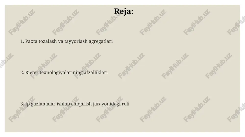 rish tavsiya etiladi. kelajakdagi texnologiyalar va innovatsiyalar rieter kompaniyasi tomonidan ishlab chiqarilayotgan yangi avlod paxta tozalash mashinalari energiya sarfini 15% ga kamaytirish va chiqindilarni 10% ga qisqartirish imkoniyatini beradi, bu esa ekologik jihatdan toza texnologiyalarni rivojlantirishga xizmat qiladi. paxta tozalash va tayyorlash boʻyicha rieter uskunalarining kelajagi – sunʼiy intellekt asosida ishlaydigan avtomatlashtirilgan tizimlarning 2030-yilga kelib 30% gacha koʻpayishi kutilmoqda, bu esa ish unumdorligini sezilarli darajada oshiradi. katta maʼlumotlar tahlili va mashinani oʻrganish texnologiyalari yordamida rieter paxta tozalash jarayonini optimallashtirish va sifat koʻrsatkichlarini 5-7% ga yaxshilashga erishdi, bu esa tola sifatiga ijobiy taʼsir koʻrsatadi. paxta tozalash jarayonining bosqichlari paxta tola uzunligi va sifatini aniqlash uchun, rieter tizimlari optik sensorlardan foydalanib, taxminan 35 mm gacha uzunlikdagi tolalarni ajratadi va saralaydi. paxta tozalash jarayonining dastlabki bosqichi, 4-6 mm gacha bo'lgan katta chang va begona moddalarni olib tashlashni o'z ichiga oladi, bu esa keyingi jarayonlarning samaradorligini oshiradi. paxta tozalashning yakuniy bosqichida, rieter texnologiyasi 99% …