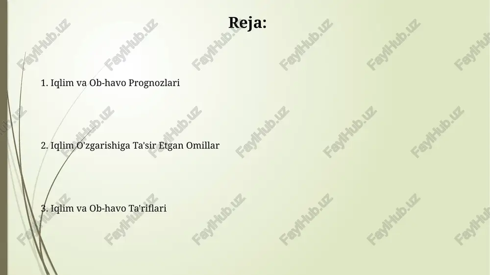 siy iqlim zonasiga: ekvatorial, tropik, mo‘tadil, subtropik va qutb zonalariga bo‘linadi, har biri o'ziga xos harorat va yog'ingarchilik rejimiga ega. namlik va bulutlar stratus bulutlari yer yuzasiga yaqin joylashgan bo'lib, odatda qalinligi 100-200 metr atrofida bo'ladi va yomg'ir yog'ishi mumkin. namlik miqdori 100% ga yetganda, havo to'yingan hisoblanadi va bulutlar hosil bo'lishining asosiy sharti hisoblanadi, chunki kondensatsiya jarayoni boshlanadi. shamol va yog'ingarchilik shamolning tezligi sekundiga 15 metrdan oshganda kuchli bo'ron deb tasniflanadi va katta miqdordagi yog'ingarchilikka olib kelishi mumkin. o'rtacha yillik yog'ingarchilik miqdori geografik joylashuvga qarab 100 mm dan 2000 mm gacha o'zgarib turadi, bu o'simliklar va suv resurslariga ta'sir qiladi. quyosh radiatsiyasi va yer quyosh radiatsiyasining taxminan 30%i atmosfera tomonidan qaytariladi, 20%i bulutlar va chang zarrachalari tomonidan so’riladi, qolgan qismi yer yuzasiga yetib boradi. yer yuzasi quyosh radiatsiyasini qaytaradi (albedo effekti), uning qiymati turli yuzalar uchun 0 dan 1 gacha o’zgaradi, masalan, muz 0.8 ga yaqin, tuproq esa 0.2 …