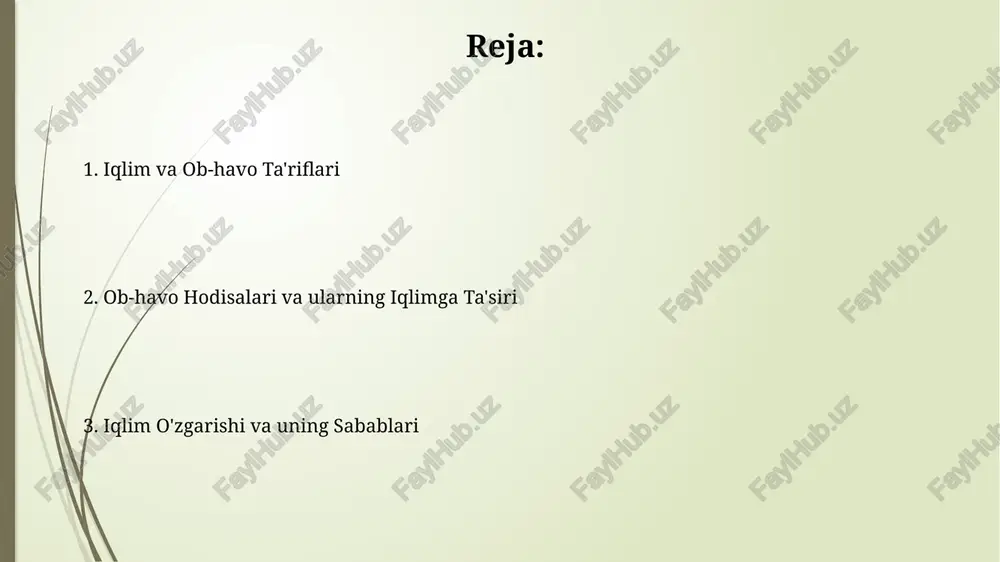 i. sovuq frontlarning harakat tezligi iliq frontlarga nisbatan 2-3 baravar yuqori bo'lib, bu esa qisqa vaqt ichida kuchli ob-havo o'zgarishlariga olib keladi. iqlim zonalari har bir iqlim zonasida o‘simlik va hayvonot dunyosi, shuningdek, tuproq tuzilishi o‘ziga xos xususiyatlarga ega bo‘lib, masalan, 30° shimol va janub kengliklarda cho‘llar joylashgan. iqlim zonalari yer yuzasining taxminan 5 ta kenglik zonalariga bo‘linadi, har birining o‘ziga xos harorat va yog‘in miqdori bilan ajralib turadi, masalan, ekvatorial, tropik, mo‘ʼtadil va qutb zonalari. atmosfera tuzilishi termosferada, 80-600 km balandlikda, temperatura juda yuqori bo'lib, 1000°c dan oshadi, shuningdek, shimoliy va janubiy nurlanishlar kuzatiladi. stratosferada, 15-50 km balandlikda, ozon qatlami joylashgan bo'lib, quyoshning ultrabinafsha nurlanishining 95% ini yutadi va yerni himoya qiladi. global isish va parnik effekti parnik effekti gazlarining konsentratsiyasi, masalan, co2 ning 400 ppm dan oshishi global isishning kuchayishiga va iqlim o'zgarishlarining tezlashuviga sabab bo'ladi. global isishning 1°c dan ortiq oshishi yer yuzidagi muzliklarning 15% gacha erishiga …