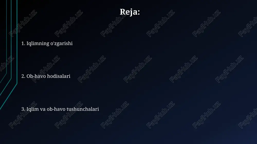 arakat yo'nalishiga ta'sir ko'rsatadi. frontlarning harakat tezligi soatiga 30-60 km gacha yetishi mumkin, bu esa ob-havo sharoitining tez o'zgarishiga olib keladi. ob-havo frontlari issiq va sovuq havo massalarining to'qnashuvi natijasida yuzaga keladi, bu esa 20-30 daraja harorat farqiga olib kelishi mumkin. iqlim zonalari iqlim zonalari yer yuzasini 5 ta asosiy zonalarga: ekvatorial, tropik, mo''tadil, subtropik va qutb zonalariga bo'linadi, har birining o'ziga xos harorat va yog'in ko'rsatkichlari mavjud. ekvatorial iqlim zonasida yillik o'rtacha harorat 25-28°c atrofida, yillik yog'ingarchilik miqdori 2000 mm dan yuqori bo'lib, namlik yuqori darajada. mo''tadil iqlim zonasida 4 ta fasl aniq ifodalangan bo'lib, yillik o'rtacha harorat 10-20°c oralig'ida, yog'ingarchilik miqdori 500 mm dan 1000 mm gacha o'zgarib turadi. shamol va yomg'ir shamolning yo'nalishi va tezligi atmosfera bosimining o'zgarishi bilan bog'liq bo'lib, issiq va sovuq havo massalarining o'zaro ta'siri natijasida yuzaga keladi va ob-havo prognozini aniqlashda muhim rol o'ynaydi. o'rtacha yillik yog'ingarchilik miqdori mintaqaga qarab farq qiladi, masalan, …