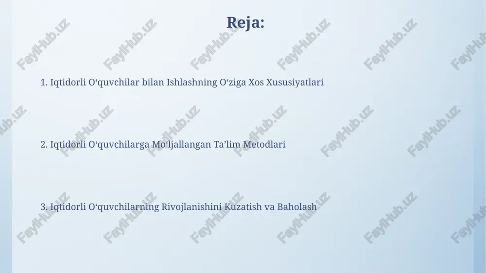 individual rejalashtirish orqali 80% dan yuqori natijalarga erishishga yordam berish muhim. ota-onalar bilan hamkorlik o‘quvchining yutuqlarini kuzatish uchun oyiga kamida 2 marta ota-onalar bilan telefon orqali yoki shaxsan muloqot o‘tkazish va qo‘shimcha ta’lim faoliyatlarini muhokama qilish tavsiya etiladi. ota-onalar bilan birgalikda bolaning qobiliyatlarini aniqlash uchun kamida 3 ta psixologik test natijalarini tahlil qilish va individual ta’lim rejasini ishlab chiqish muhimdir. iqtidorli talabalarni rag'batlantirish va qo'llab-quvvatlash ijtimoiy-emotsional rivojlanishini hisobga olgan holda, kamida 3 ta turdagi qo’llab-quvvatlash strategiyasini (masalan, mentorlik, guruhli ishlar, mustaqil loyihalar) joriy etish tavsiya etiladi. iqtidorli talabalarning 20% dan ortig’i o’ziga xos qiziqishlariga ega bo’lib, ularning potensialini ochish uchun maxsus stem dasturlariga jalb qilish samarali bo’ladi. o'qituvchining roli va mas'uliyati o'qituvchi, iste'dodli o'quvchilarning ijtimoiy-emotsional rivojlanishiga e'tibor qaratib, kamida 1 ta qo'llab-quvvatlash guruhi yoki mentorlik dasturini tashkil qilish va ularning o'z tengdoshlari bilan muloqotini yaxshilashga mas'uldir. gifted o'quvchilarning tezkor o'rganish sur'ati va yuqori intellektual qobiliyatlarini hisobga olgan holda, o'qituvchi kamida …